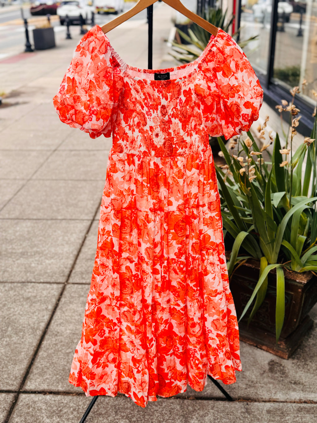 ALEEZA Orange & White Sun Kissed Rose Puff Sleeve Dress Large