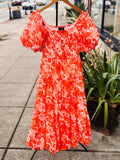 ALEEZA Orange & White Sun Kissed Rose Puff Sleeve Dress Large