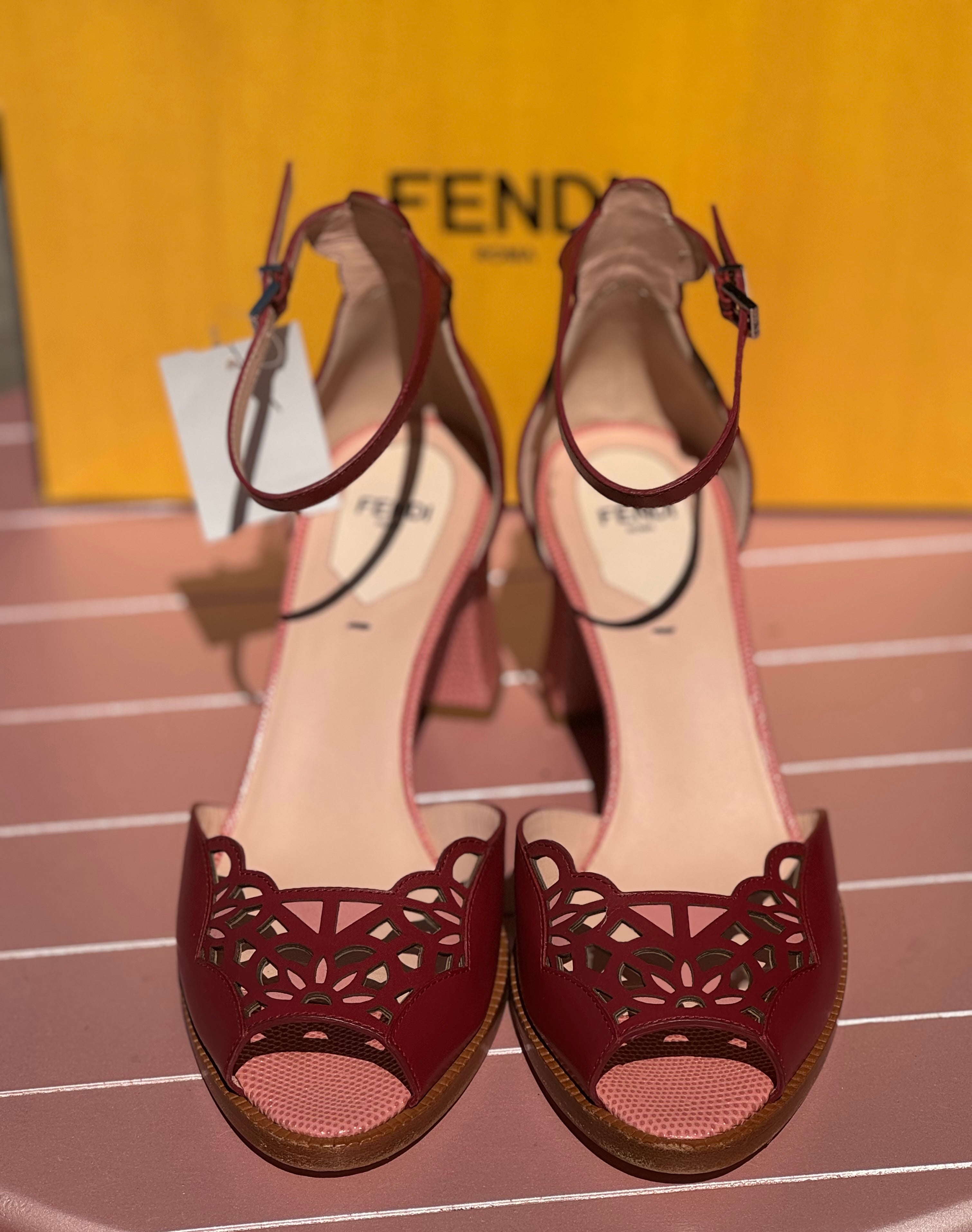 FENDI Pink Leather Embossed Heel Ankle Wrap Sandals Sz. 8