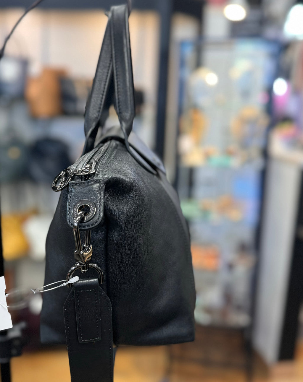 LONGCHAMP Black Le Pliage Cuir Leather Top Handle Bag