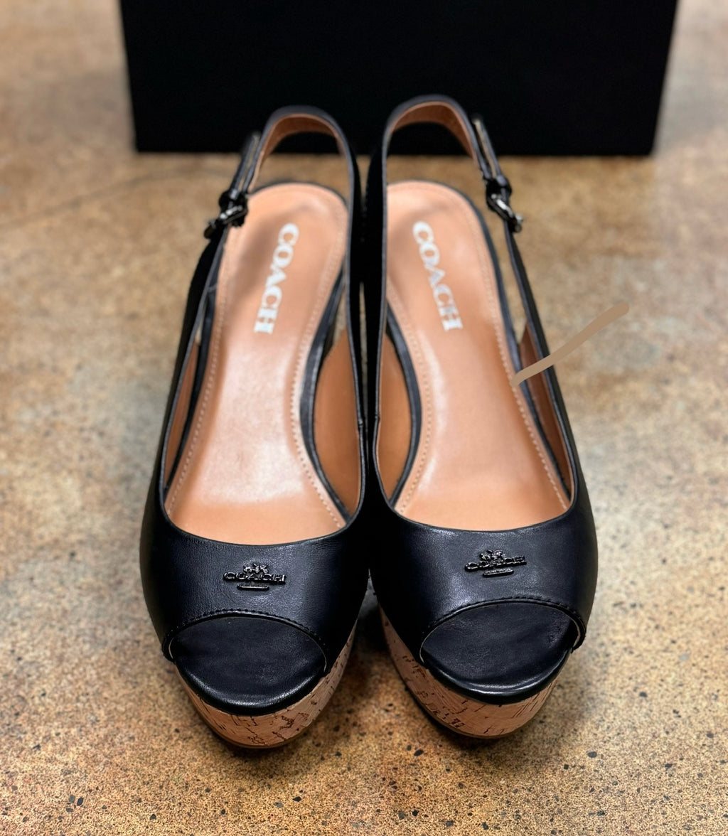 COACH Black Ferry Cork Wedge Peep Toe Slingback Sandals Sz. 8 1/2 w/Box