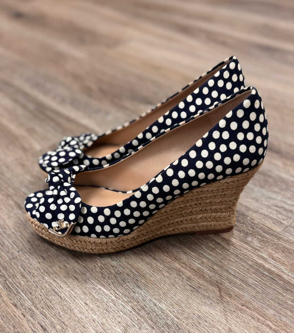 TORY BURCH Polka Dot Deep Toe Espadrille Wedge Heels Sz. 8 1/2