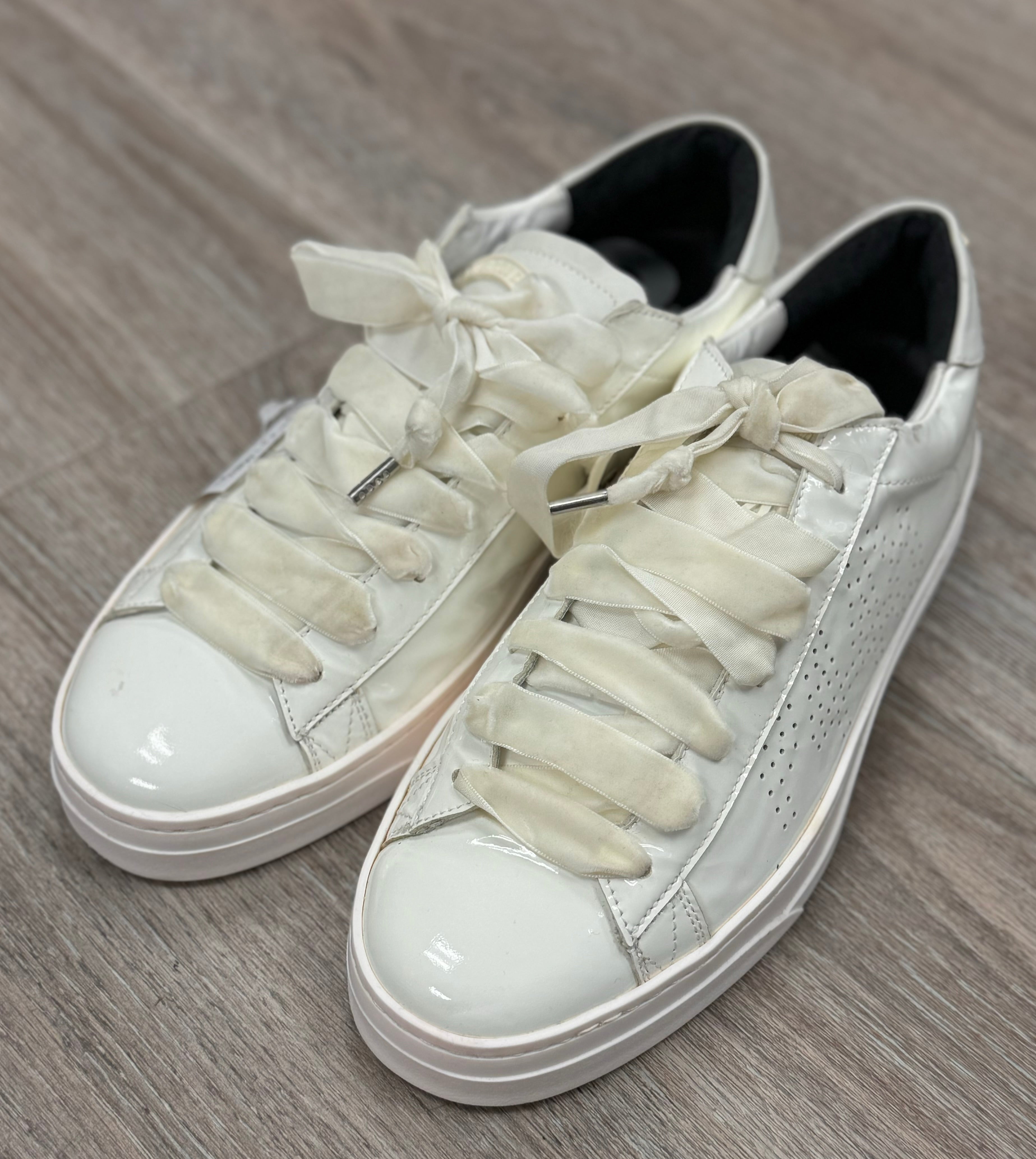 P448 Cream Platform Patent Leather Ribbon Lace Up Sneakers Sz. 10