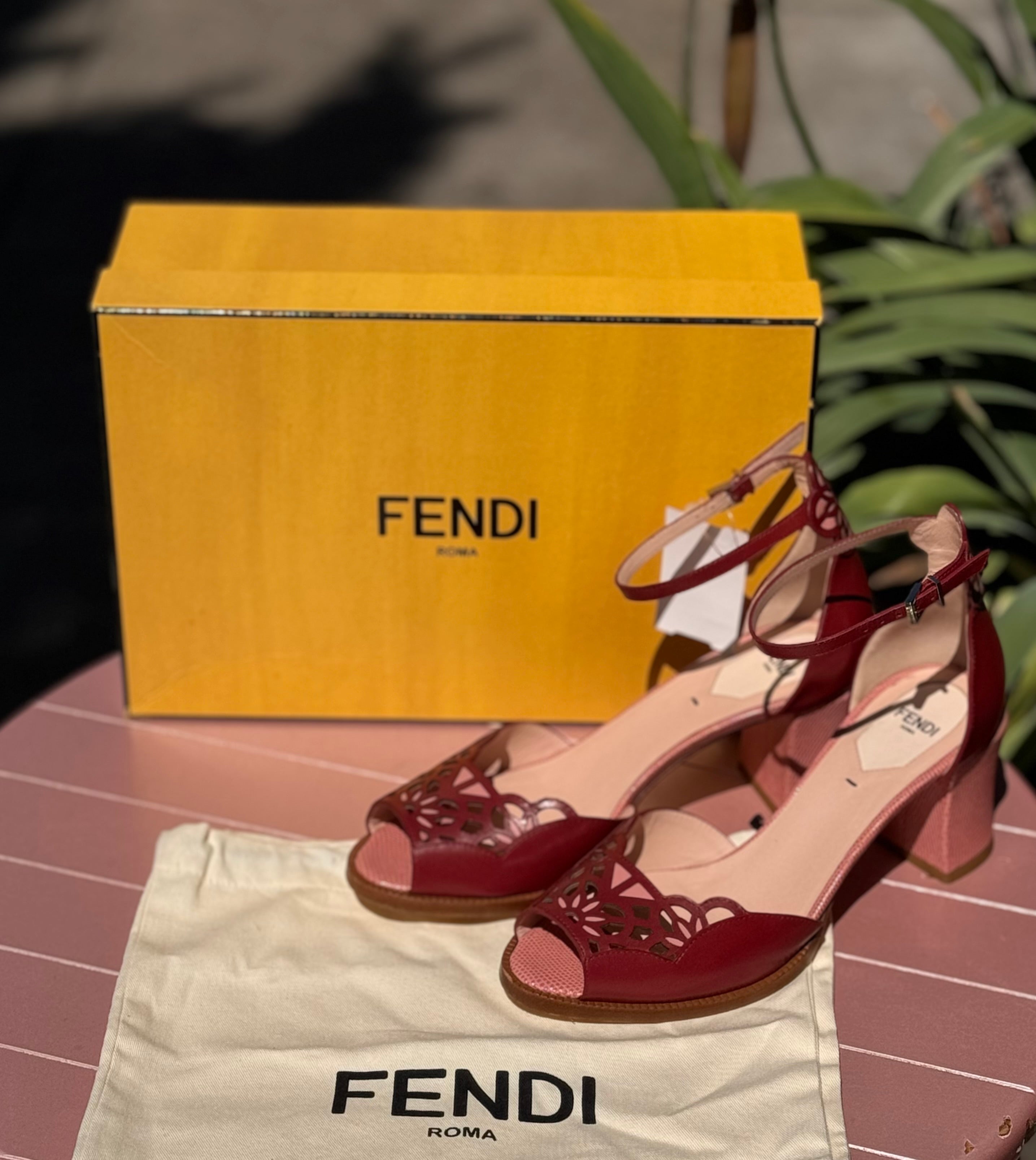 FENDI Pink Leather Embossed Heel Ankle Wrap Sandals Sz. 8