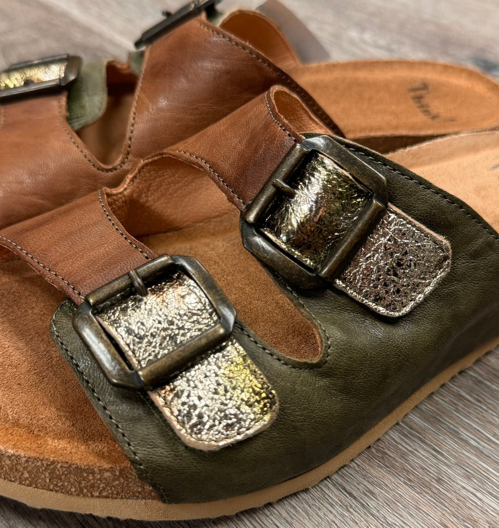 Think! Brown & Green Buckle Bluza 2 Slide Sandals Sz. 38