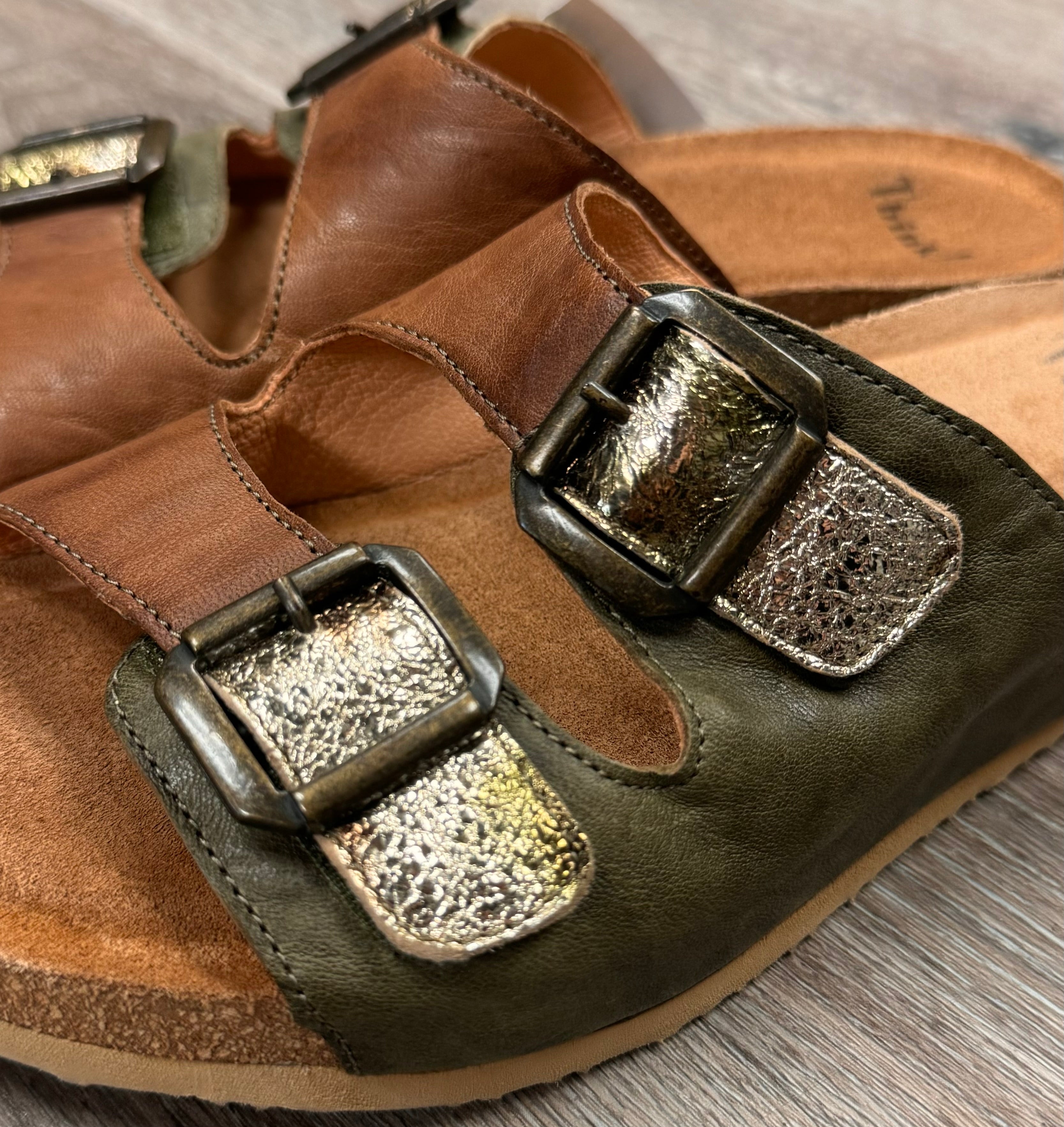 Think! Brown & Green Buckle Bluza 2 Slide Sandals Sz. 38