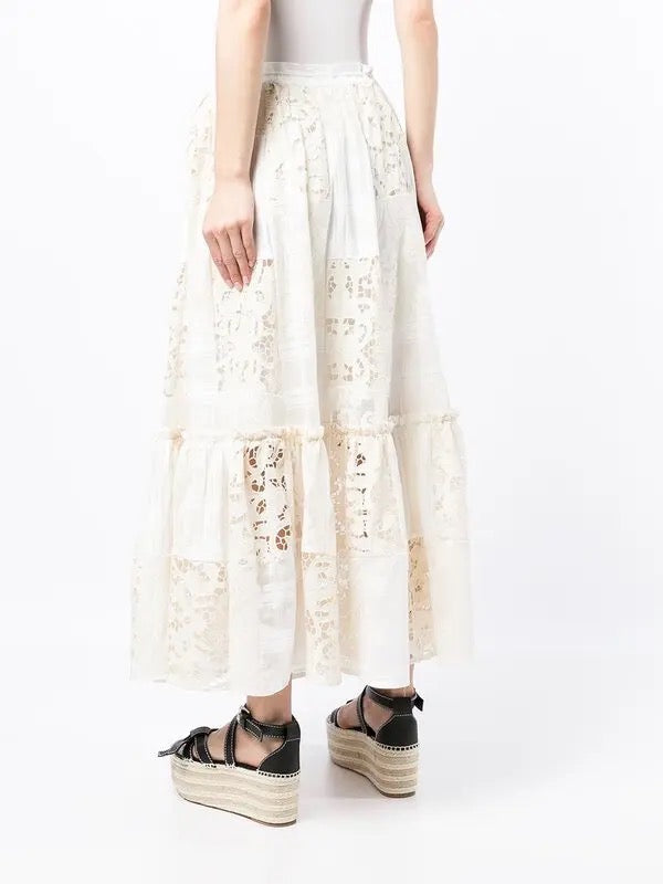 ZIMMERMAN Andie Patchwork Design Midi Lace & Checkered Jacquard Panels Skirt New! - Sz. 12
