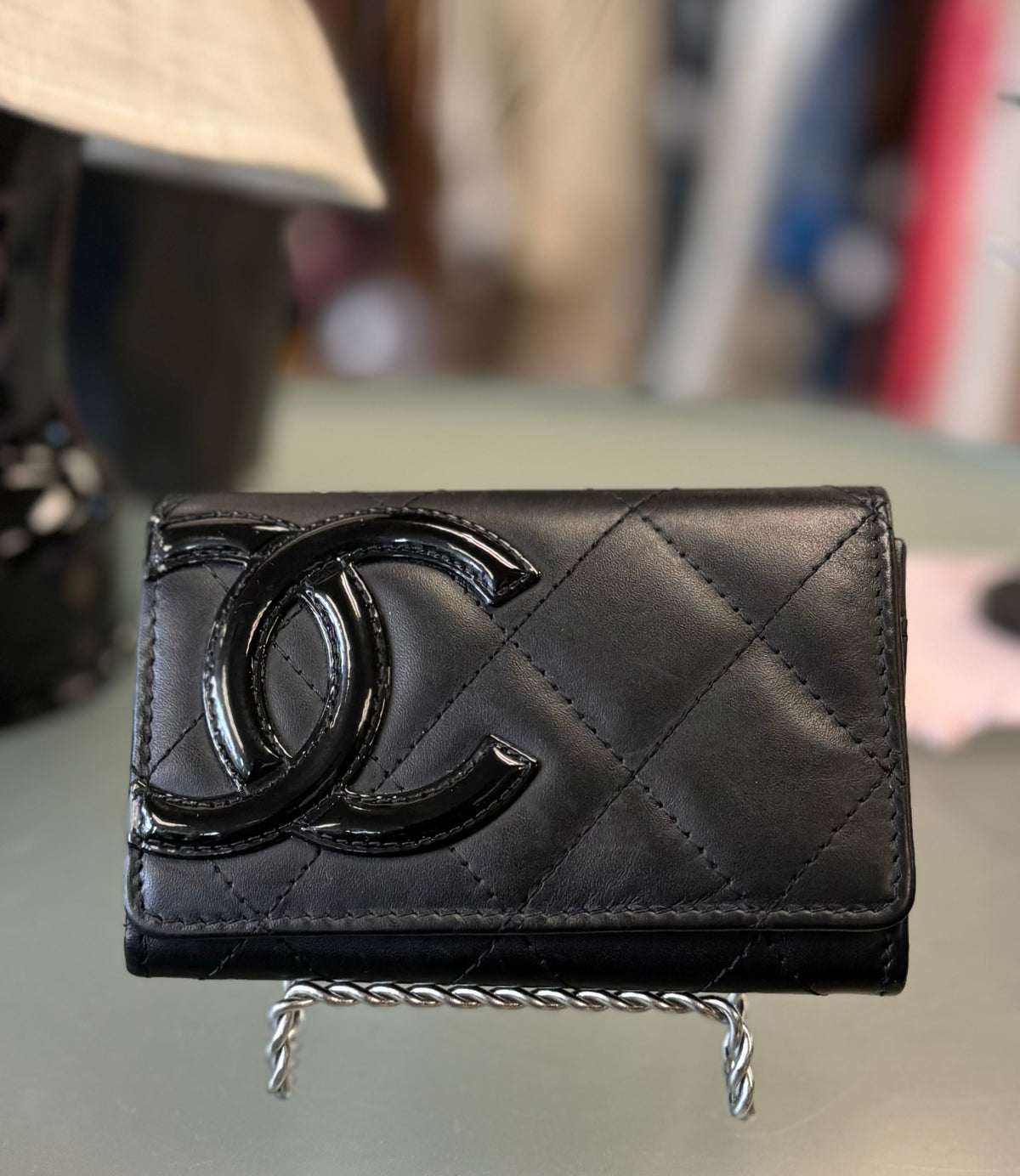 CHANEL Patent Leather Logo Quilted Cambon Card Holder Wallet