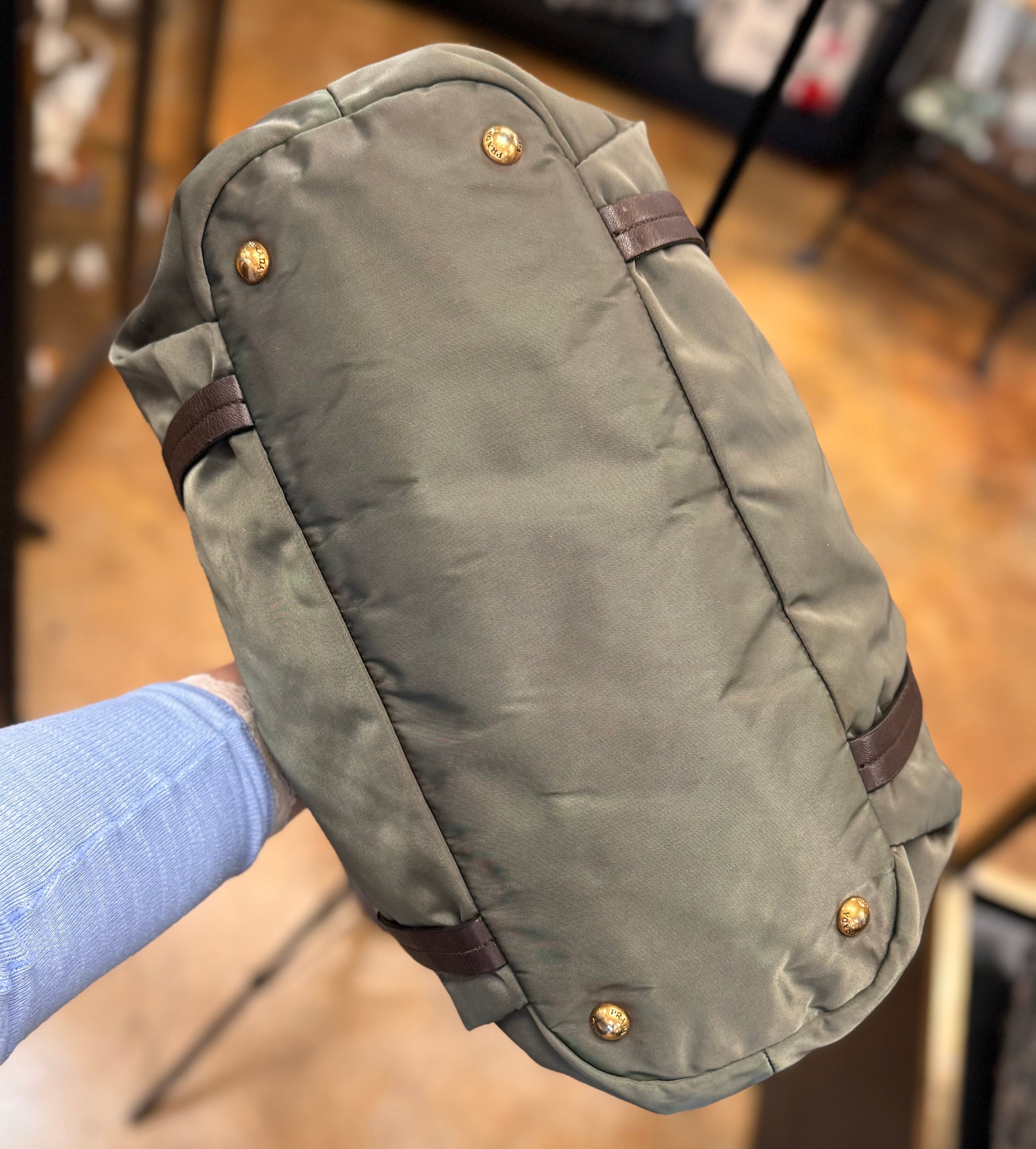PRADA Green Tessuto Nylon Leather Trim Shoulder Bag