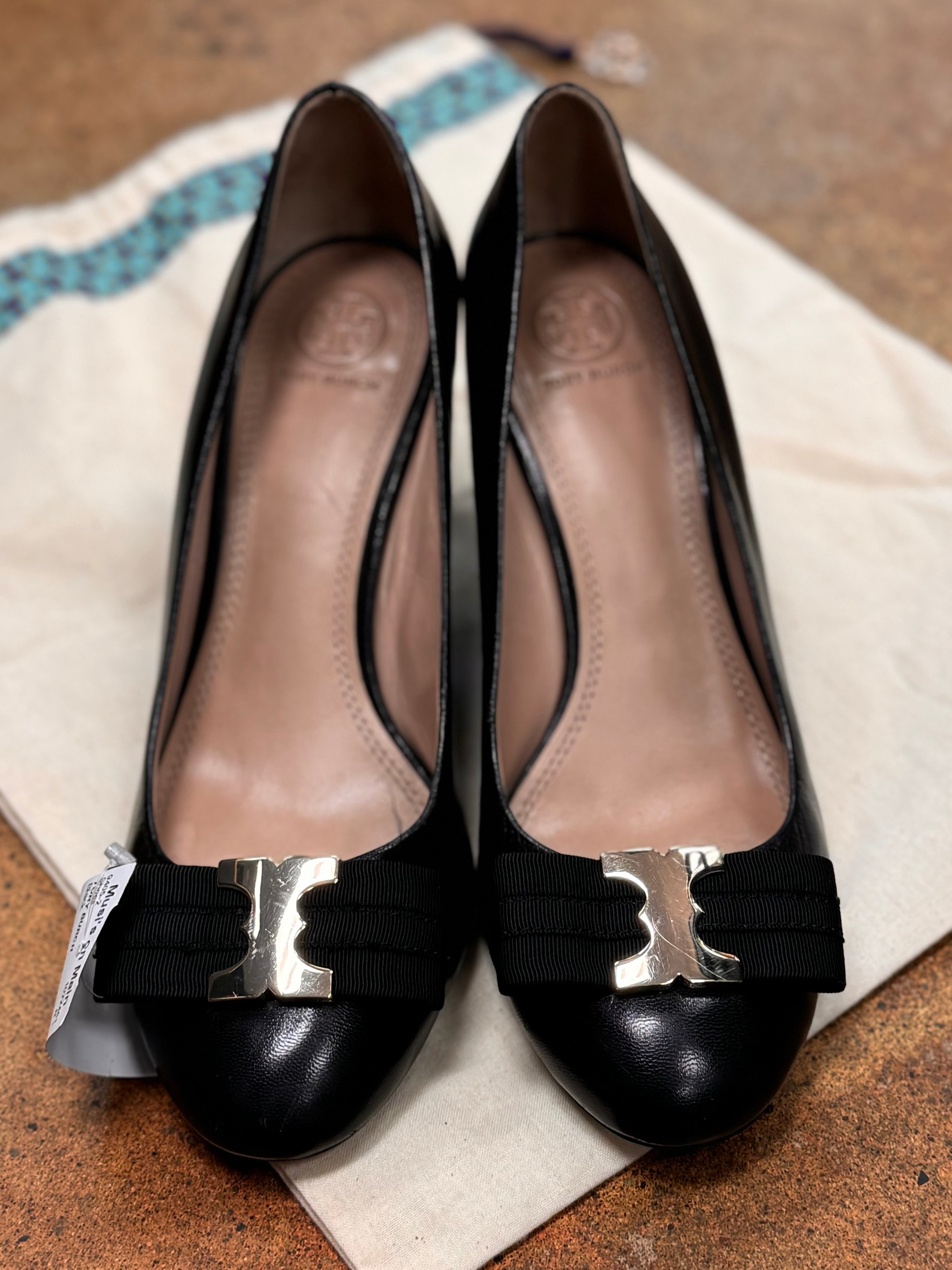 TORY BURCH Black Gemini Link Bow Leather Shoes Sz. 8 1/2