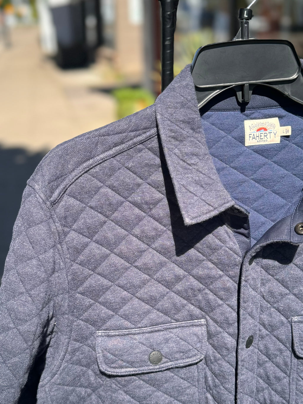 Men's FAHERTY Navy Quilted Button Zip Jacket Large