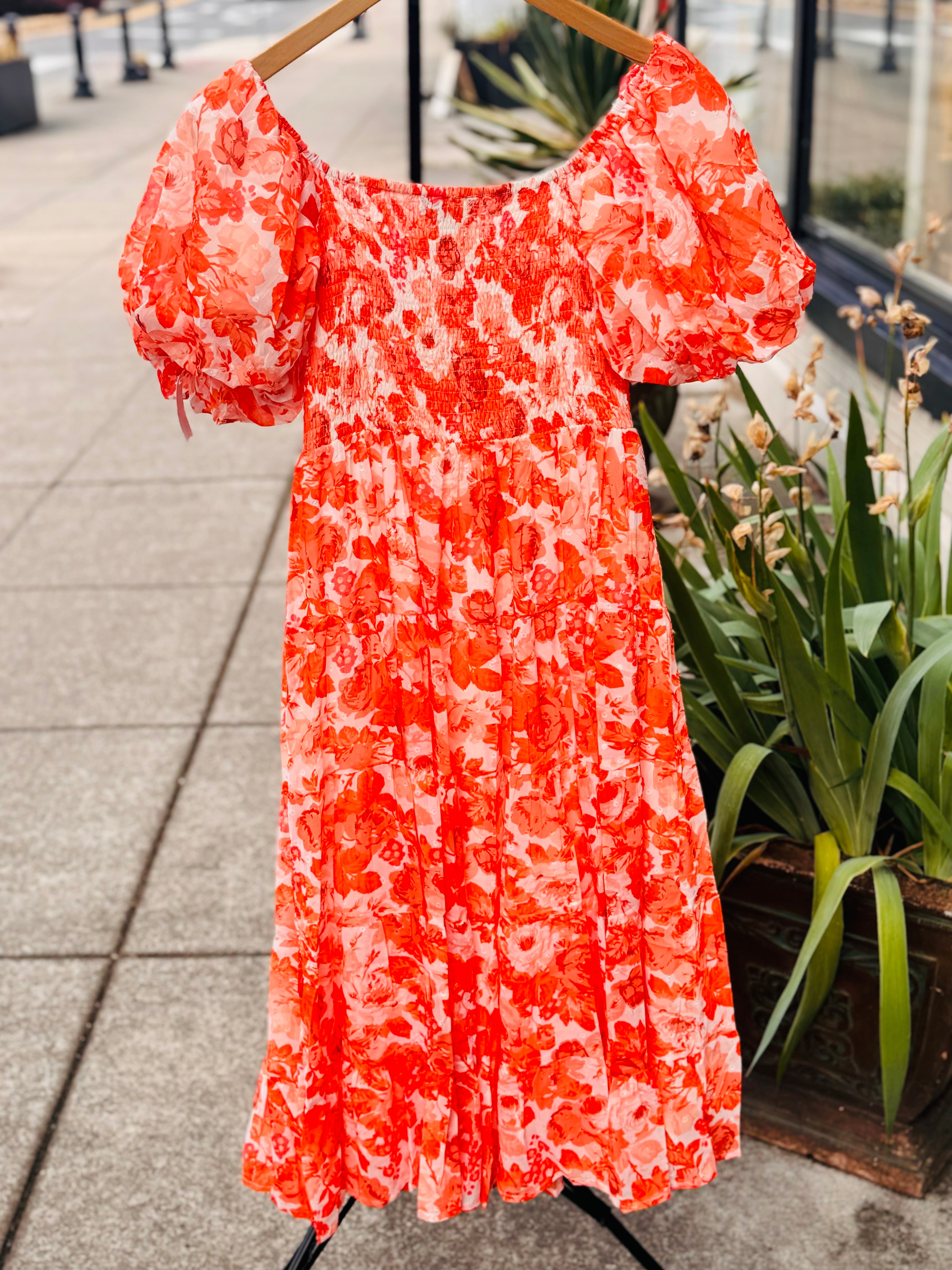 ALEEZA Orange & White Sun Kissed Rose Puff Sleeve Dress Large