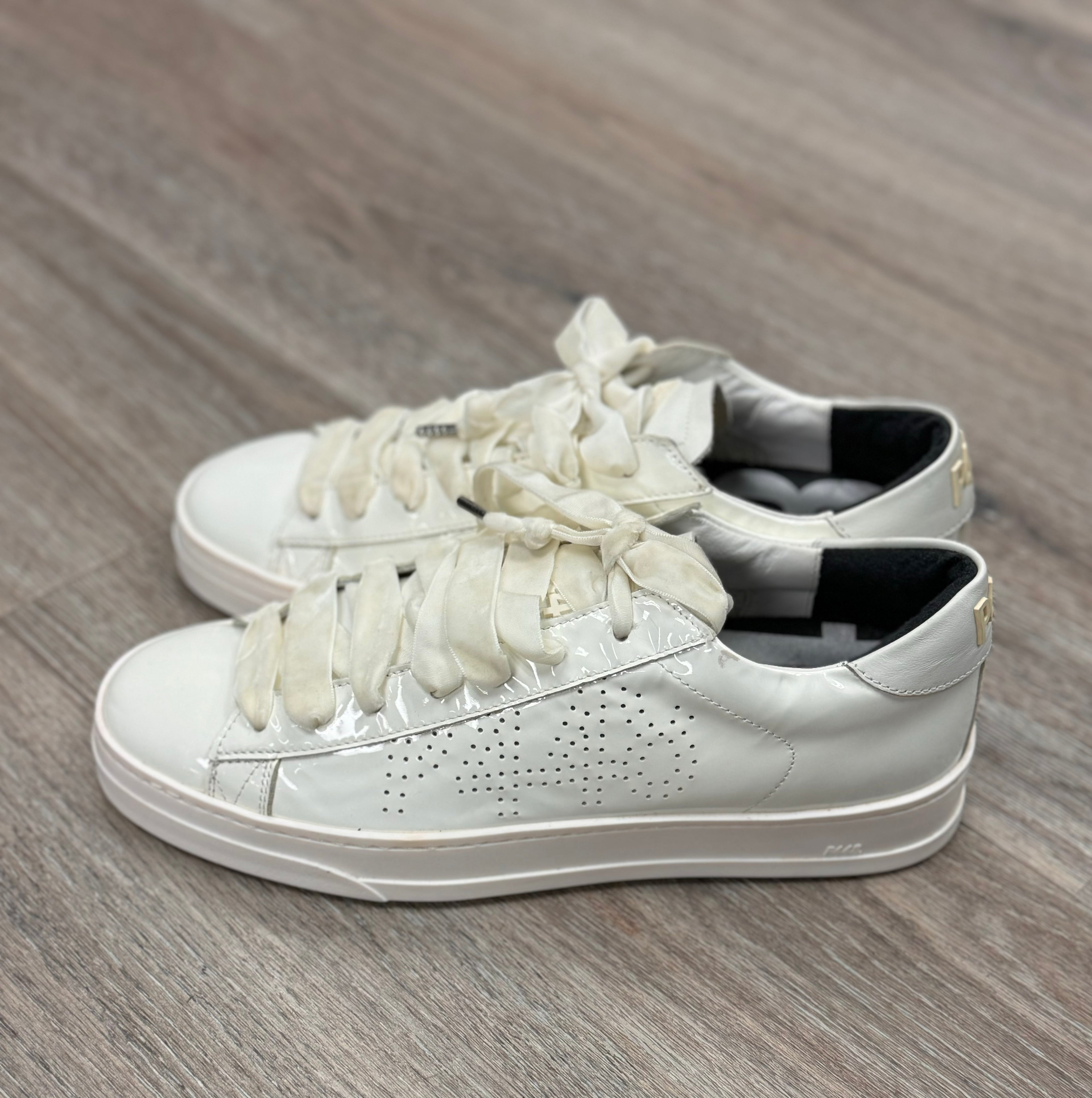 P448 Cream Platform Patent Leather Ribbon Lace Up Sneakers Sz. 10