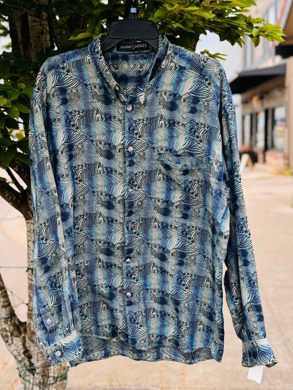 Vintage JHANE BARNES Blue & Grey Men’s Long Sleeve Button Up Shirt - Large