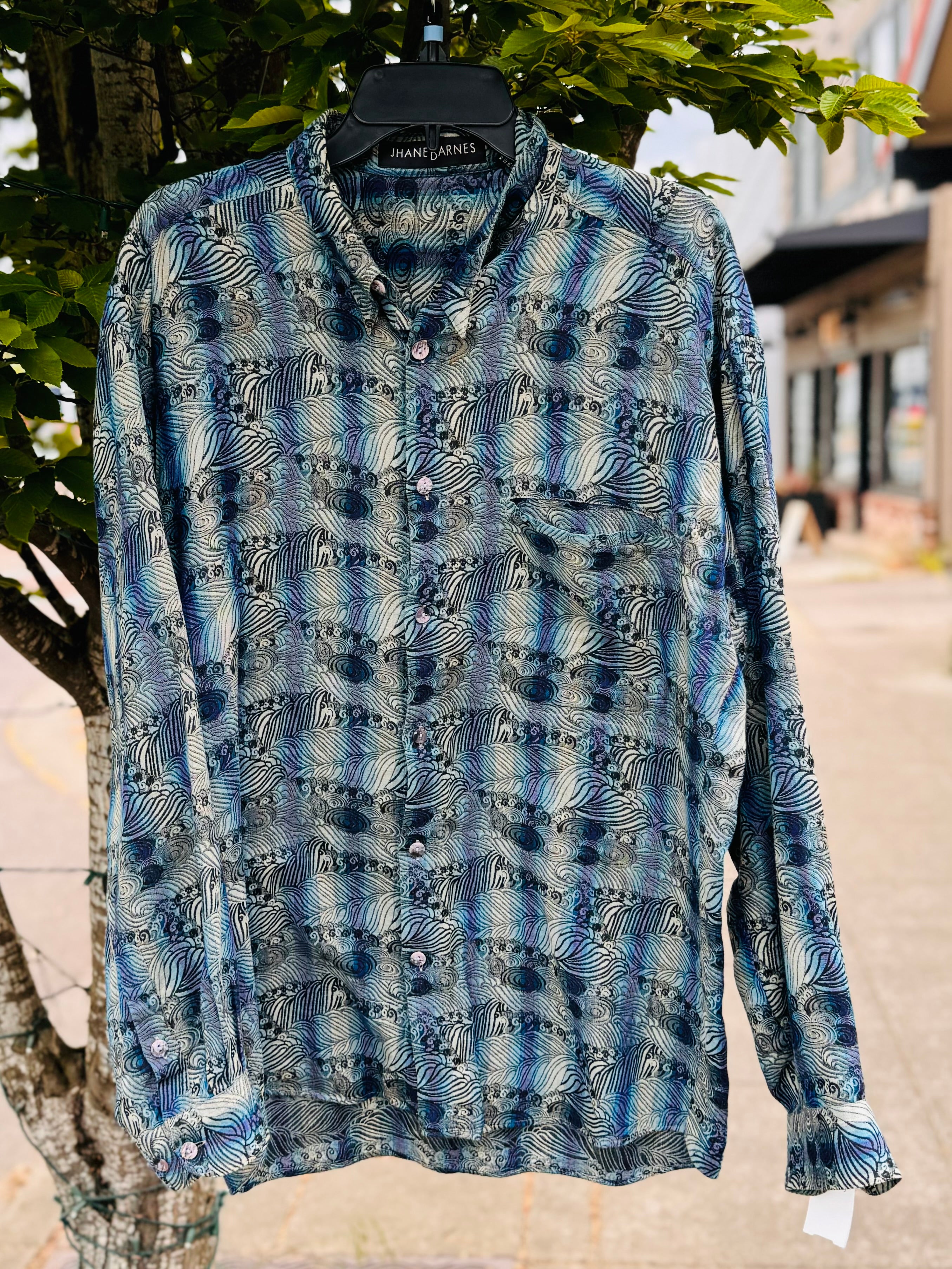Vintage JHANE BARNES Blue & Grey Men’s Long Sleeve Button Up Shirt - Large