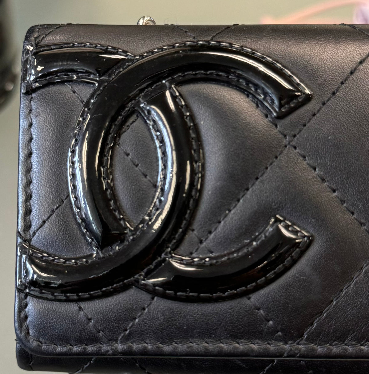 CHANEL Patent Leather Logo Quilted Cambon Card Holder Wallet