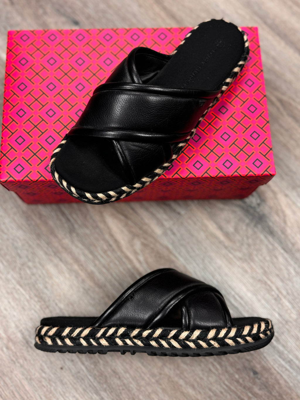 TORY BURCH Black Leather Criss Cross Espadrille Slide Sz. 9 1/2