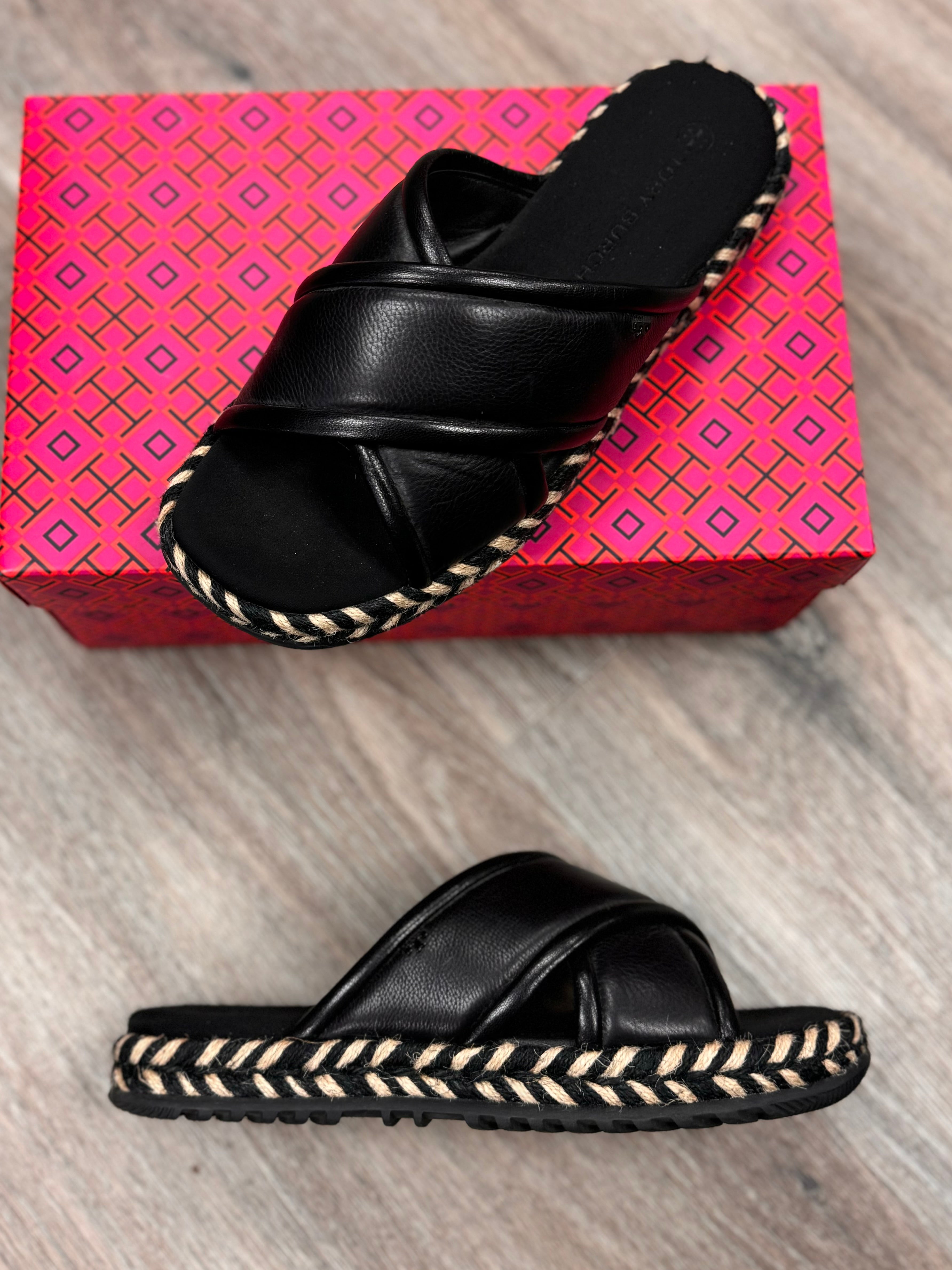 TORY BURCH Black Leather Criss Cross Espadrille Slide Sz. 9 1/2