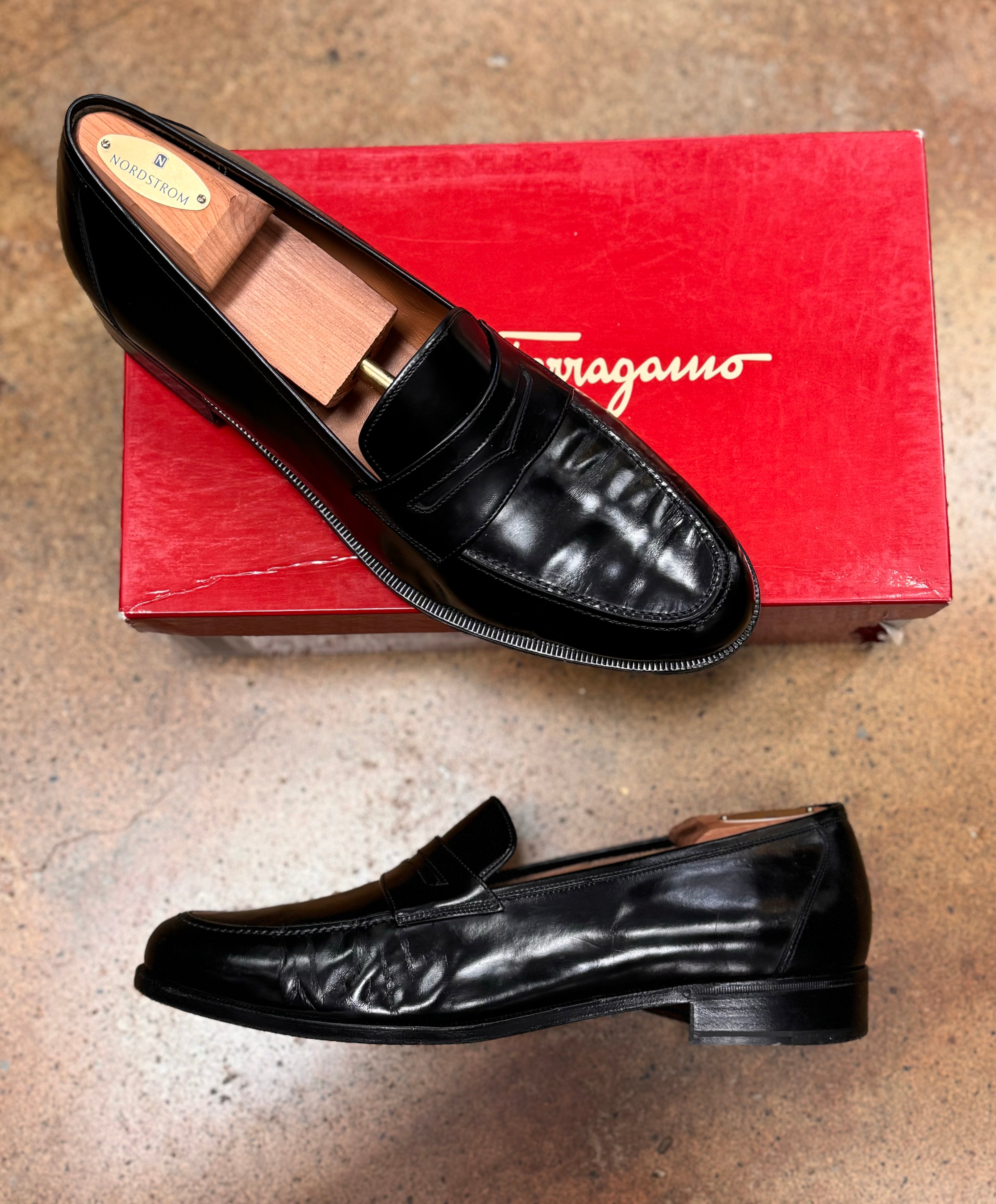 SOLD! Salvatore Ferragamo Men’s Black Patent Leather Penny Loafers Sz. 11