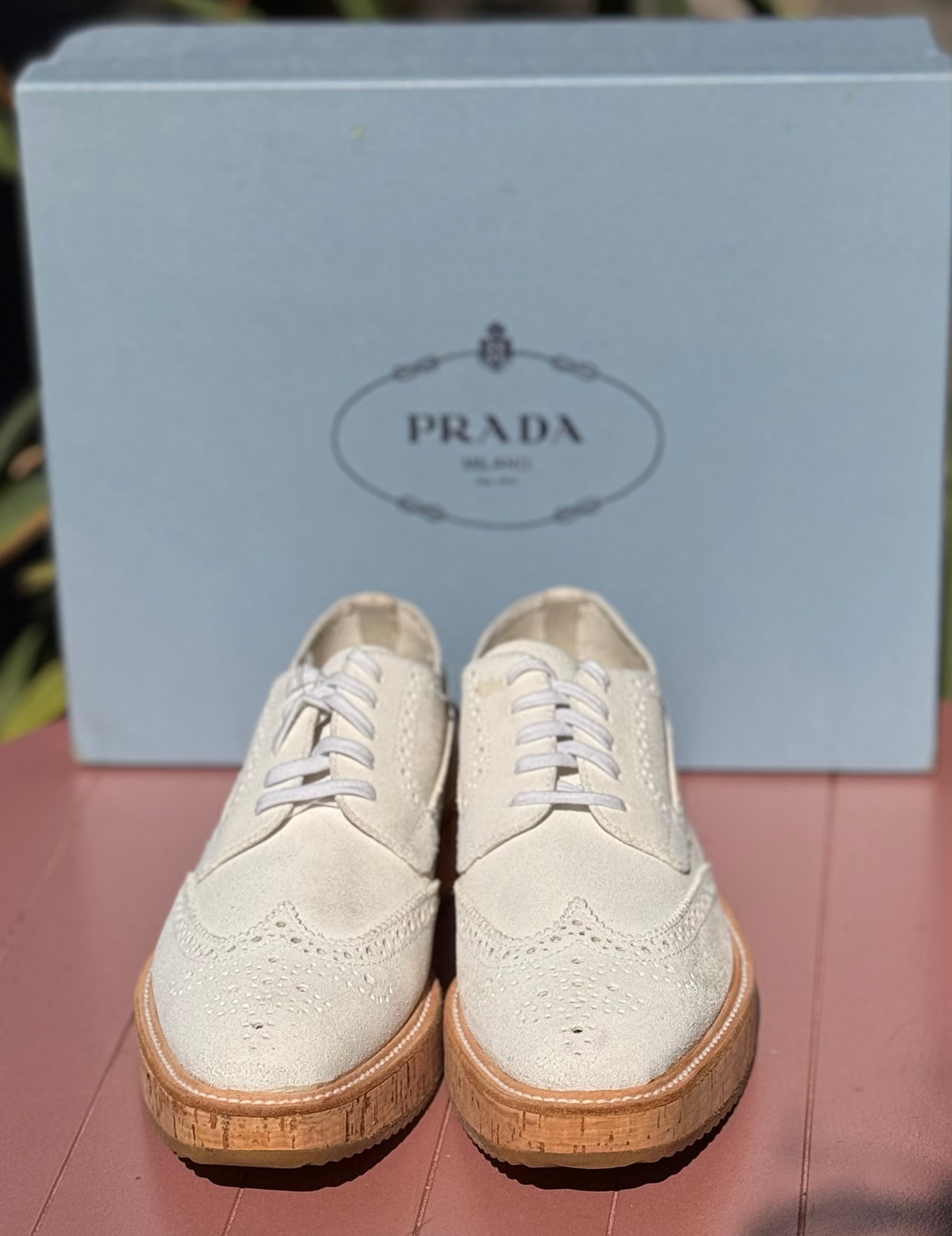 PRADA White Lasercut Accents Oxford Lace Up Shoes Sz. 39 / 9