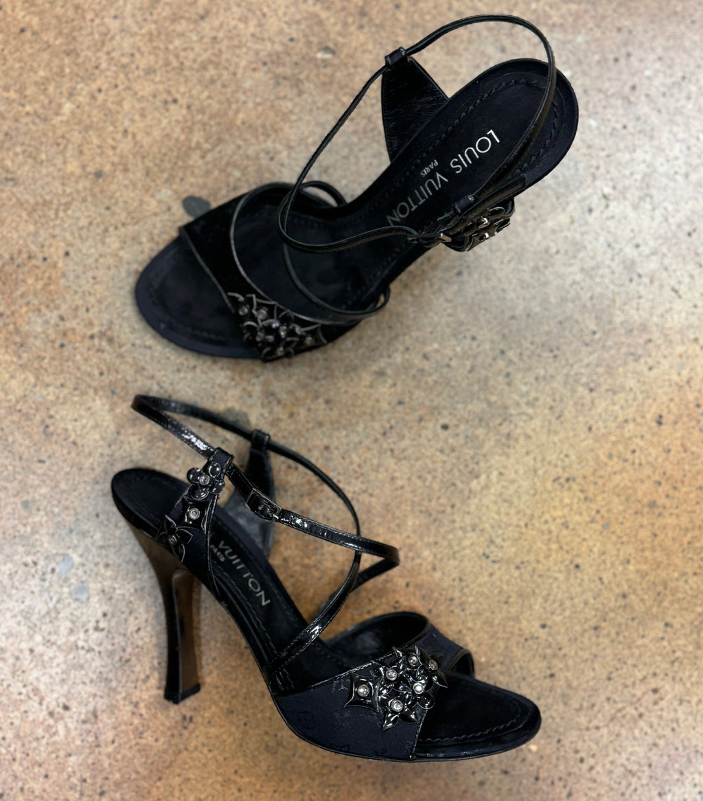 LOUIS VUITTON Y2K Vintage Black Strappy Heels Sz. 7 1/2