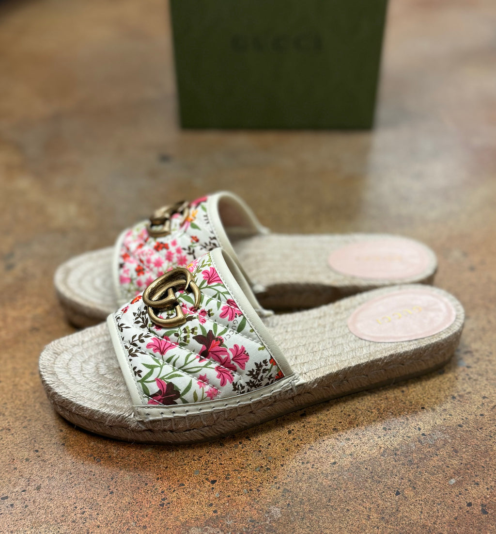 GUCCI Pilar Espadrille Quilted Floral Canvas GG Sandals Sz. 8 1/2