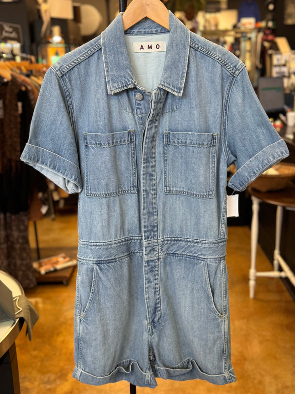 AMO Denim Skip Button Up Romper Medium
