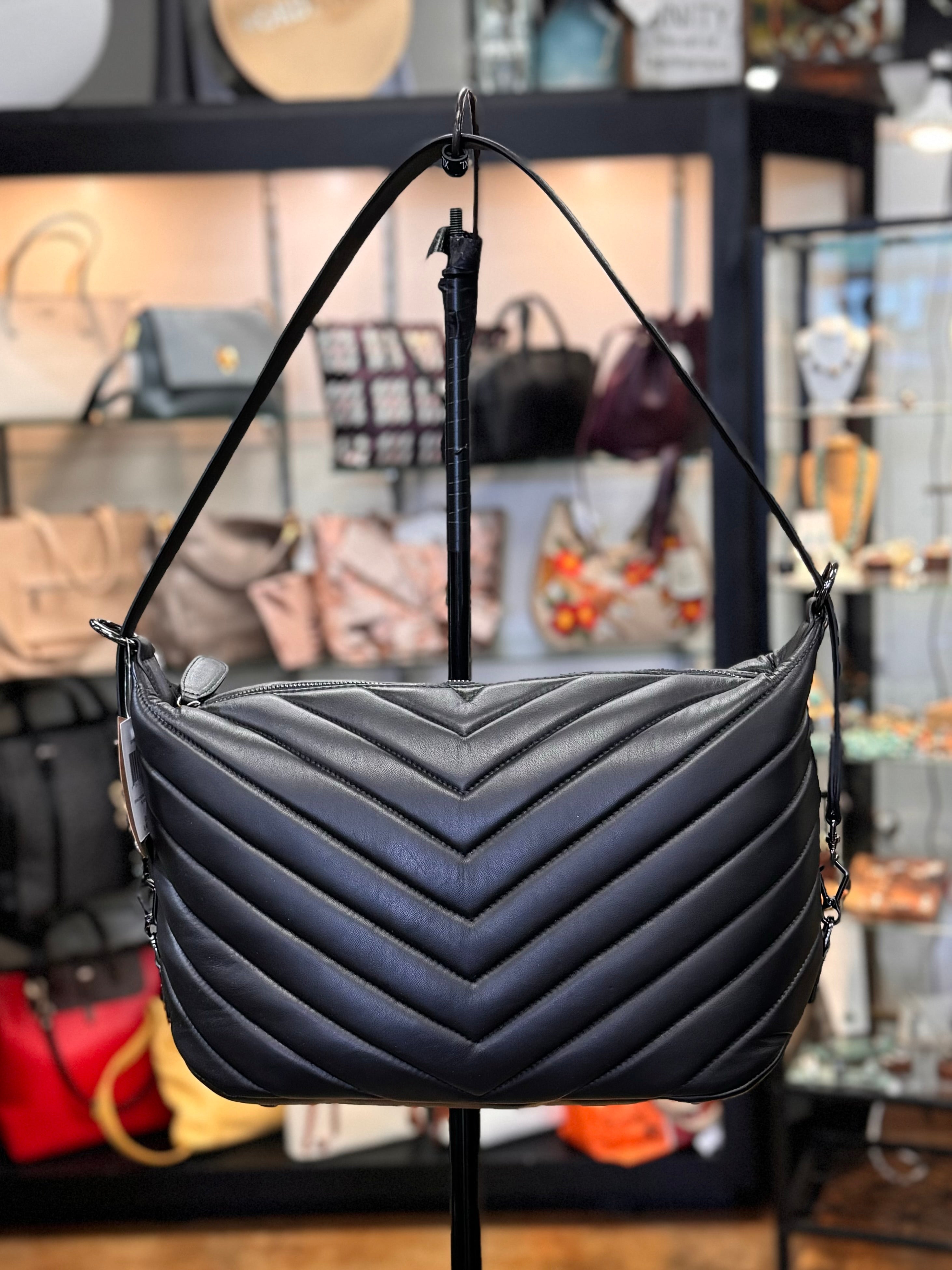 ERIC JAVITS Black Quilted Leather Chevron Jessie Shoulder Bag NEW!