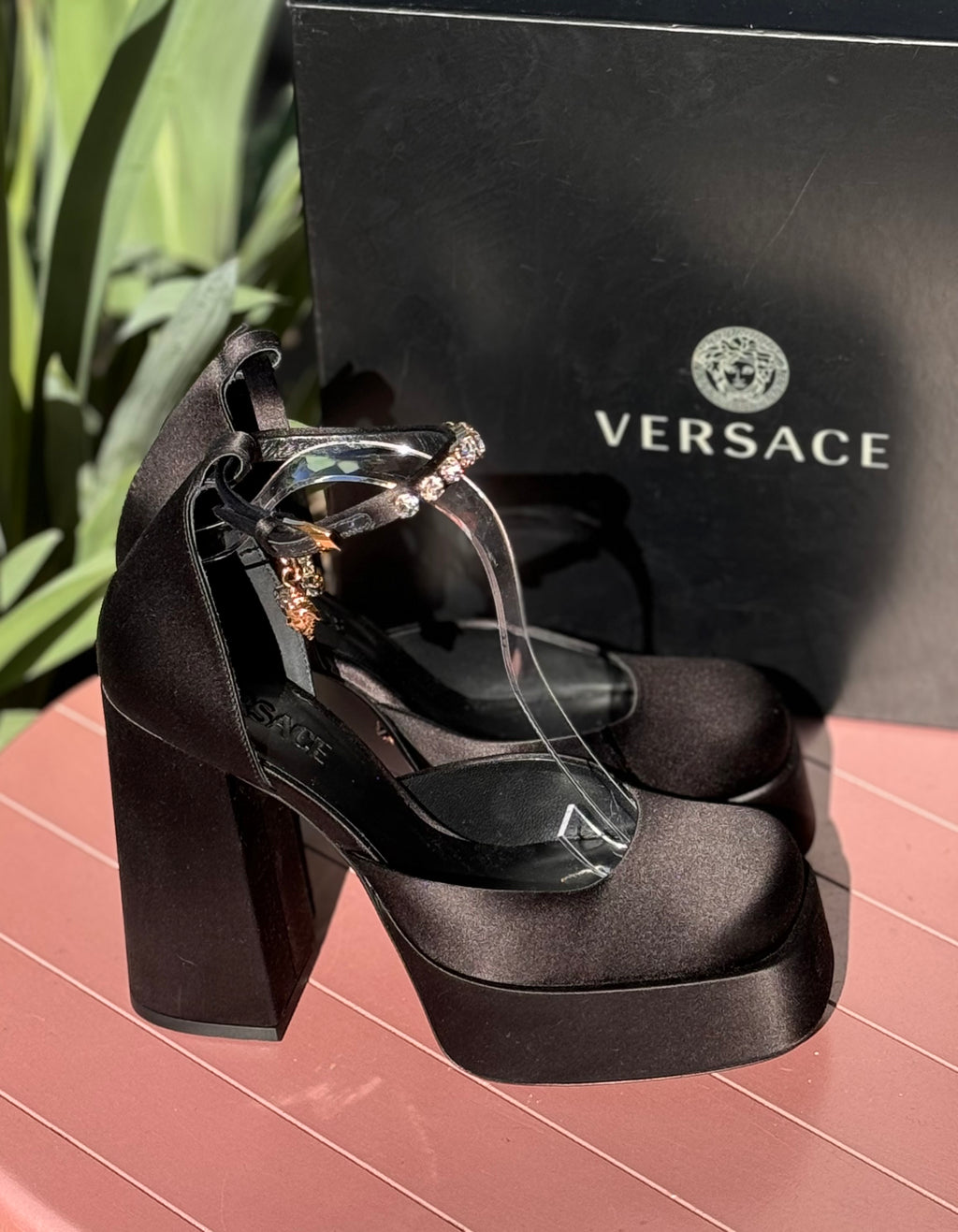 VERSACE Medusa Aevitas Platform Satin Crystal Heels Sz. 38 1/2