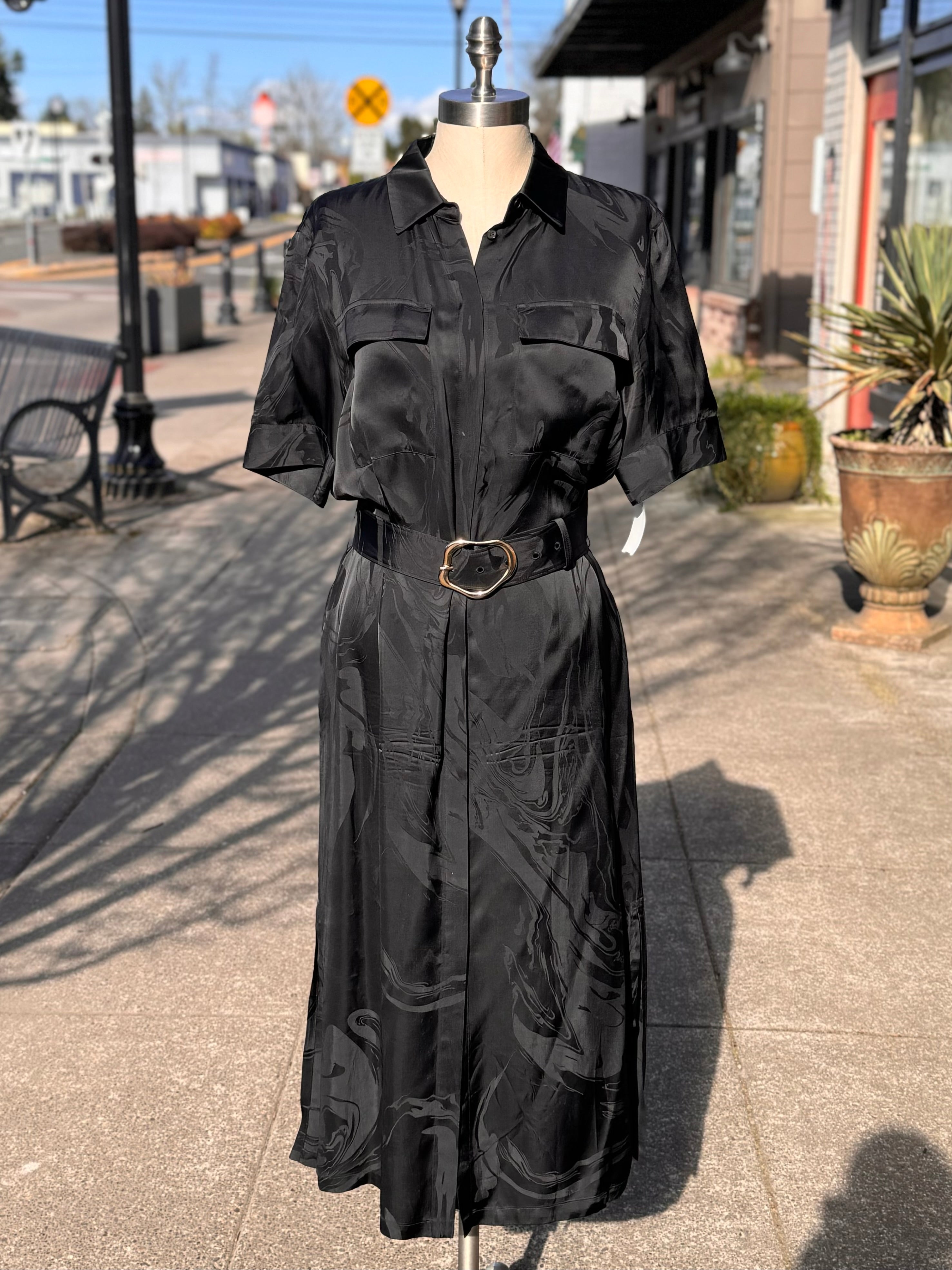 LAFAYETTE 148 Black Doha Belted Short Sleeve Dress - Medium