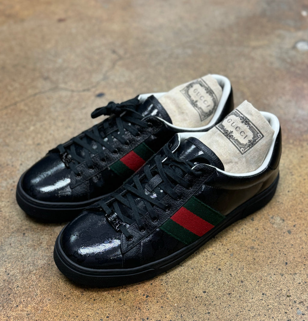 GUCCI Men’s Ace GG Crystal Canvas Patent Leather Sneakers Sz. 10 1/2