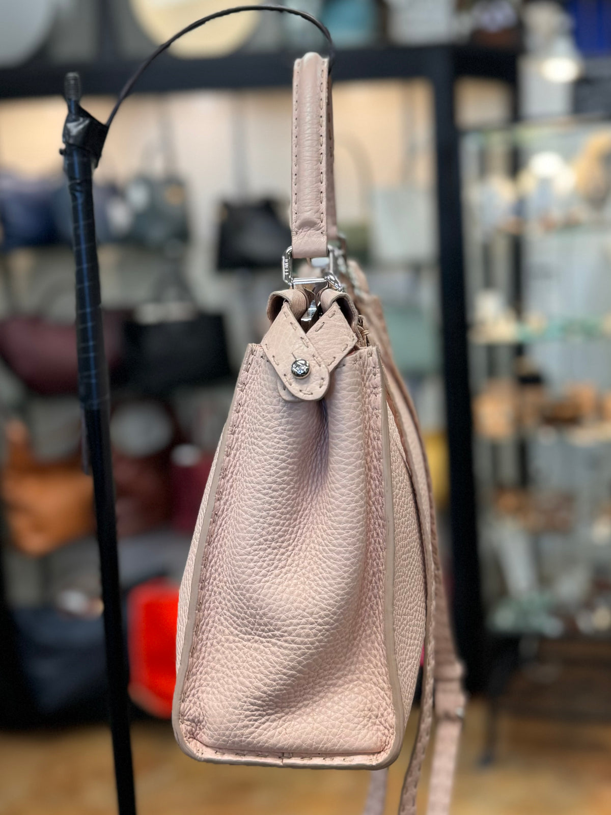 FENDI Selleria Peekaboo Pebbled Leather Satchel w/silver-tone Hardware
