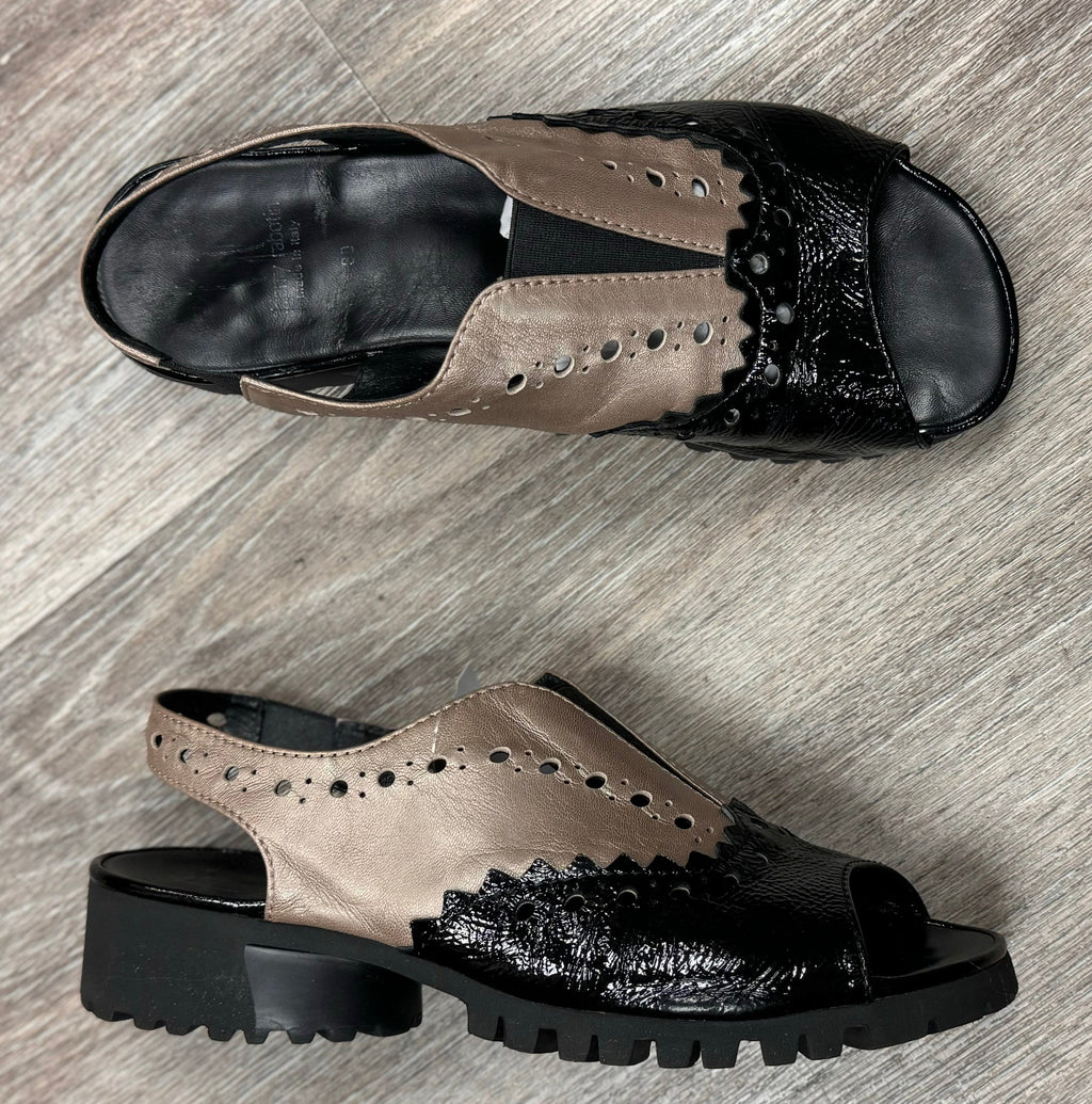 theirry rabotin Black/Gold Patent Leather Wedge Lug Sole Sandals Sz. 38