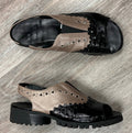 theirry rabotin Black/Gold Patent Leather Wedge Lug Sole Sandals Sz. 38
