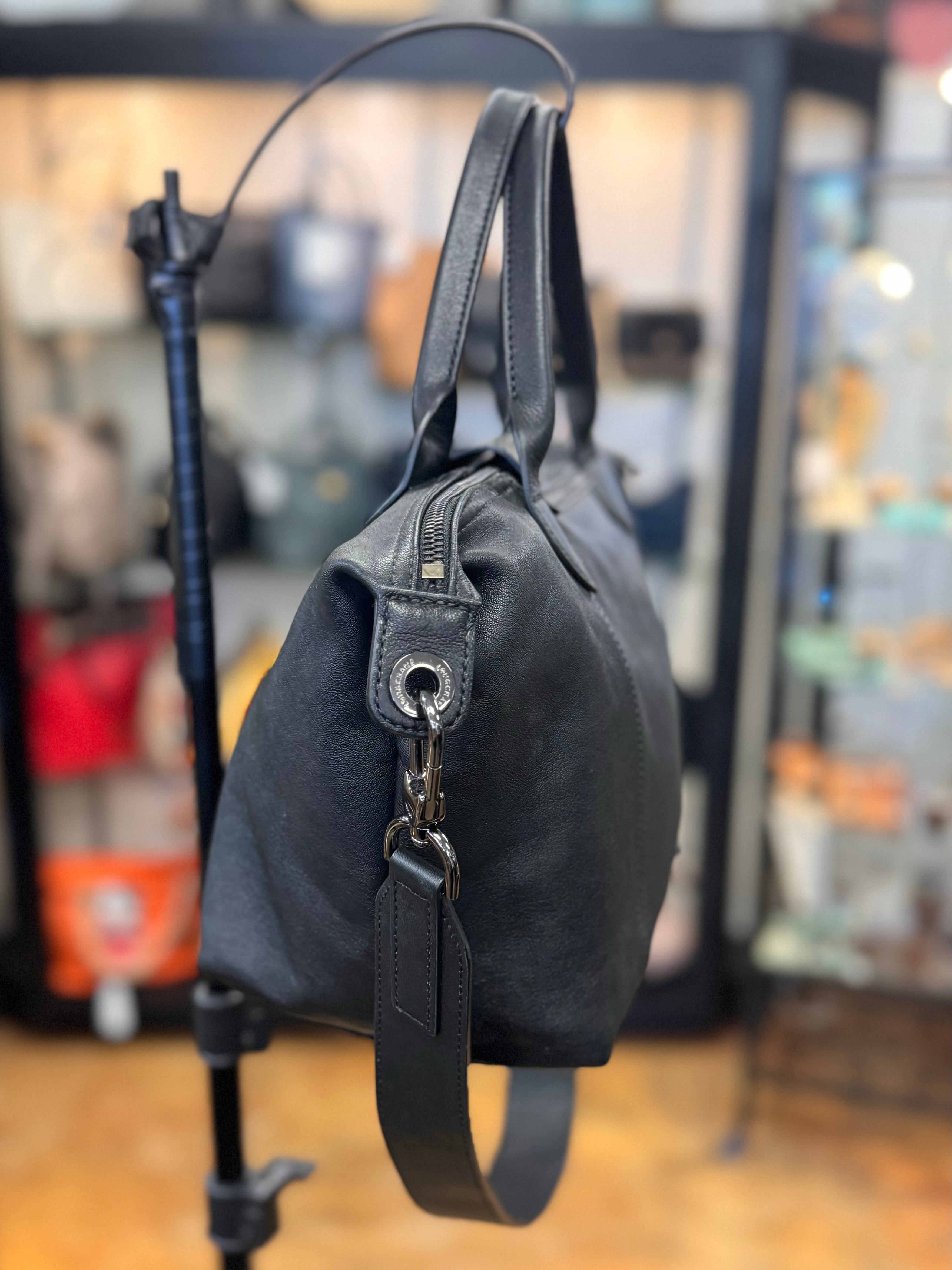 LONGCHAMP Black Le Pliage Cuir Leather Top Handle Bag