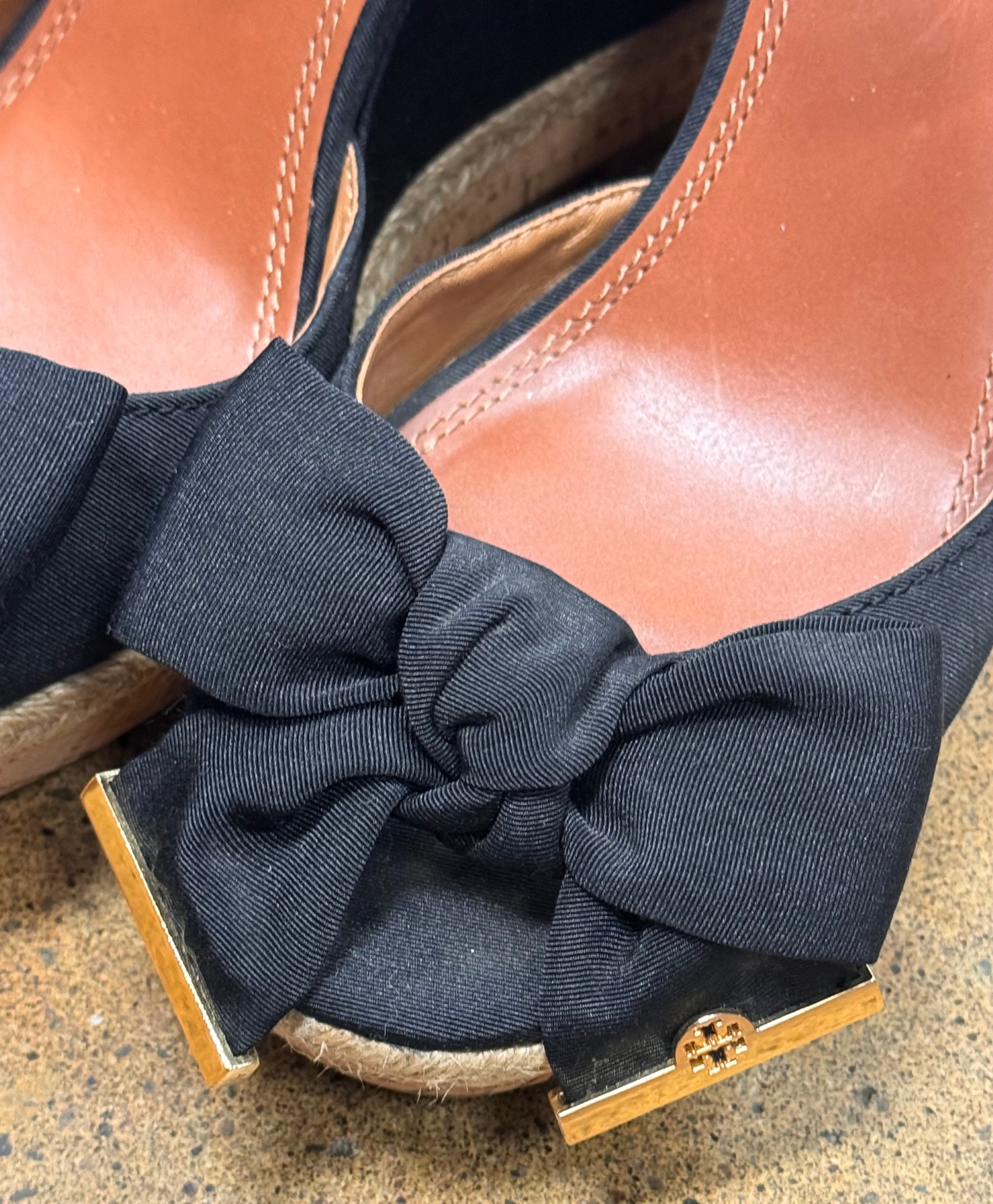 SOLD! TORY BURCH Black Espadrille Bow Wedge Sandals Sz. 8