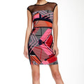 Trina Turk Geo-Print Matte Jersey Sheath Dress w/mesh Neckline New) - Small
