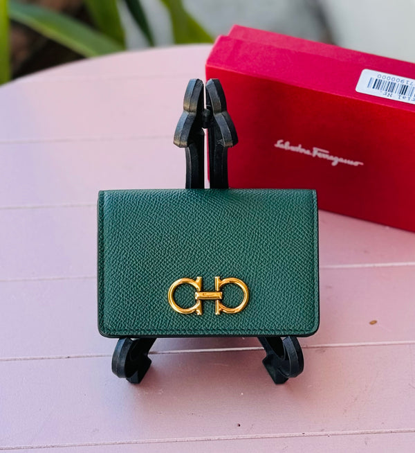 Salvatore Ferragamo Green Leather Double Gancini Mini Wallet