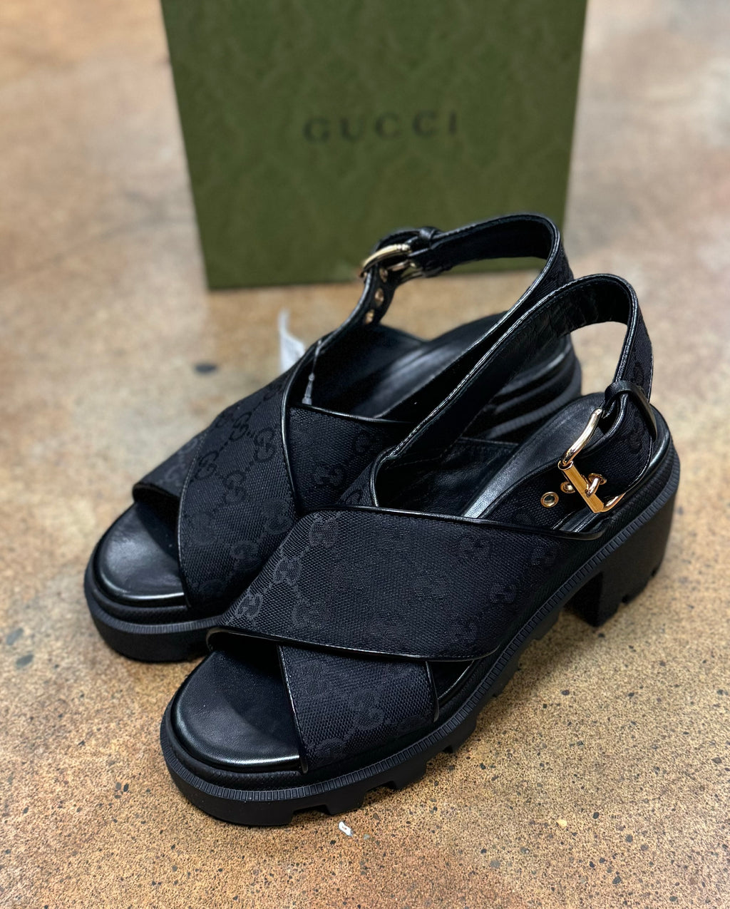 GUCCI Black Canvas Slingback GG Monogram Platform Sandals Sz. 7 1/2
