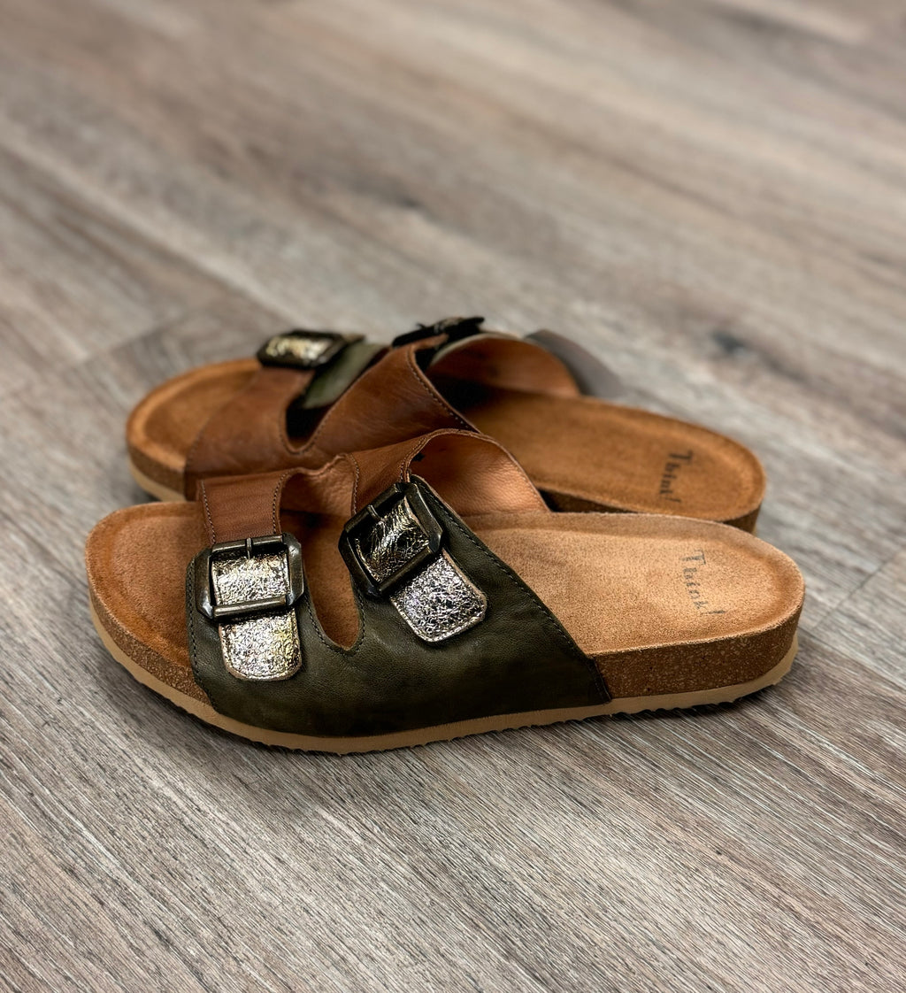 Think! Brown & Green Buckle Bluza 2 Slide Sandals Sz. 38