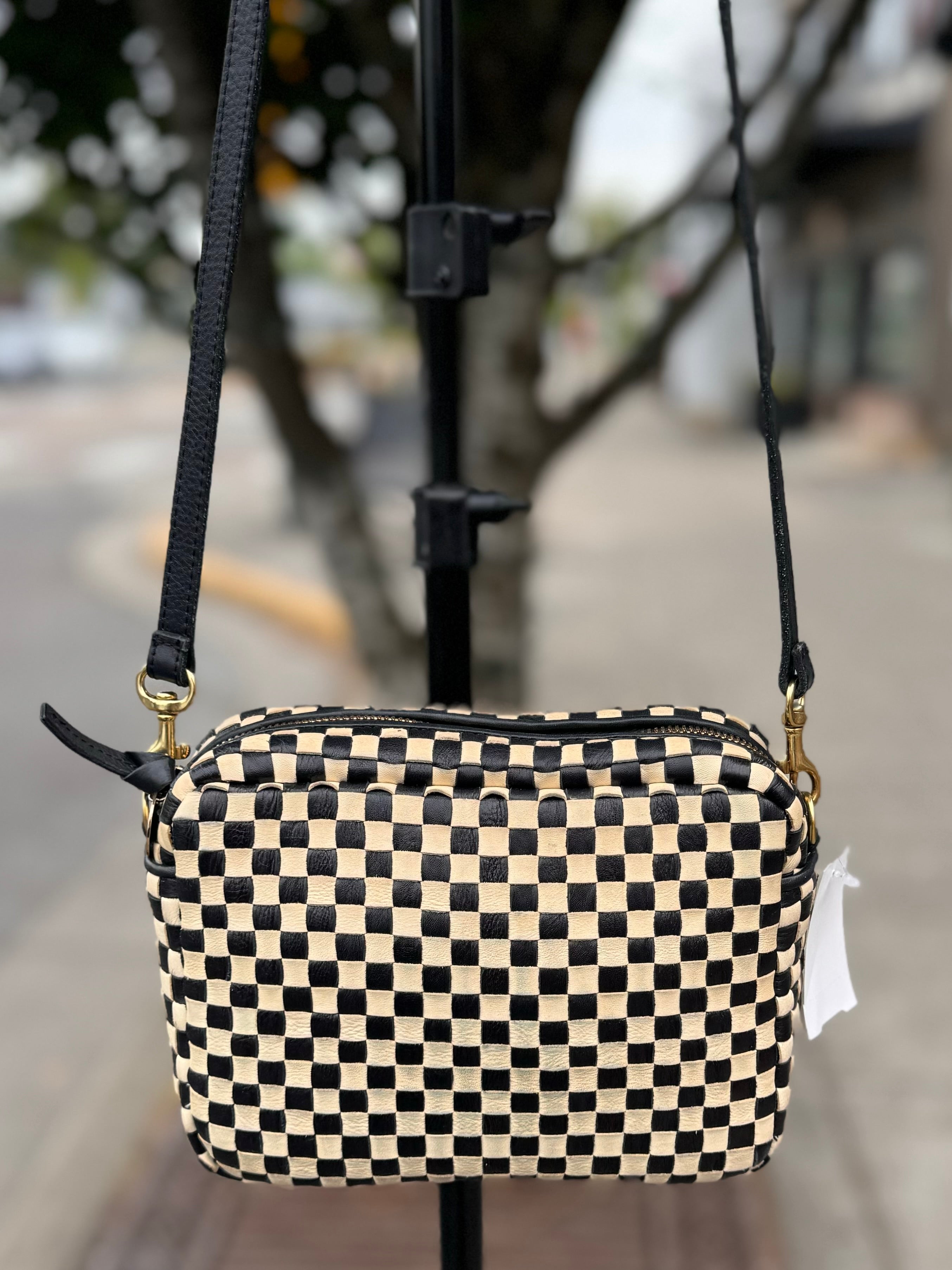 Clare V. Black & Cream Check Leather Crossbody Bag