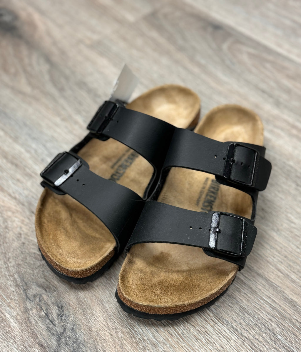 BIRKENSTOCK Black Buckle Leather Arizona Slides Sz. 39