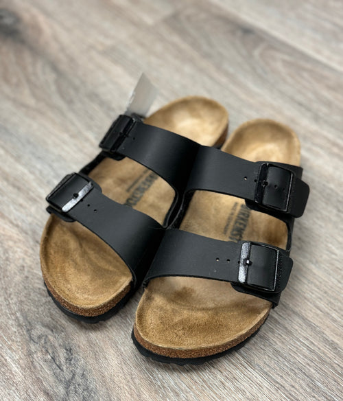 BIRKENSTOCK Black Buckle Leather Arizona Slides Sz. 39