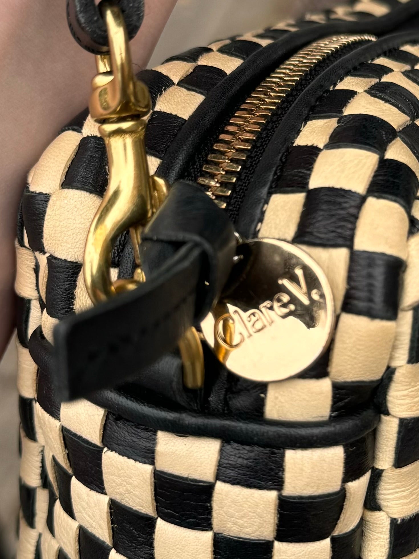 Clare V. Black & Cream Check Leather Crossbody Bag