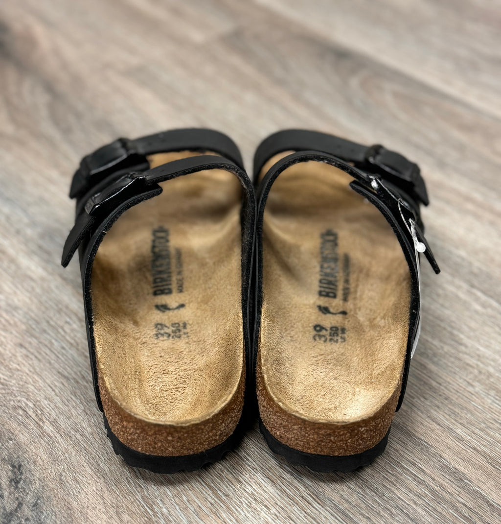 BIRKENSTOCK Black Buckle Leather Arizona Slides Sz. 39