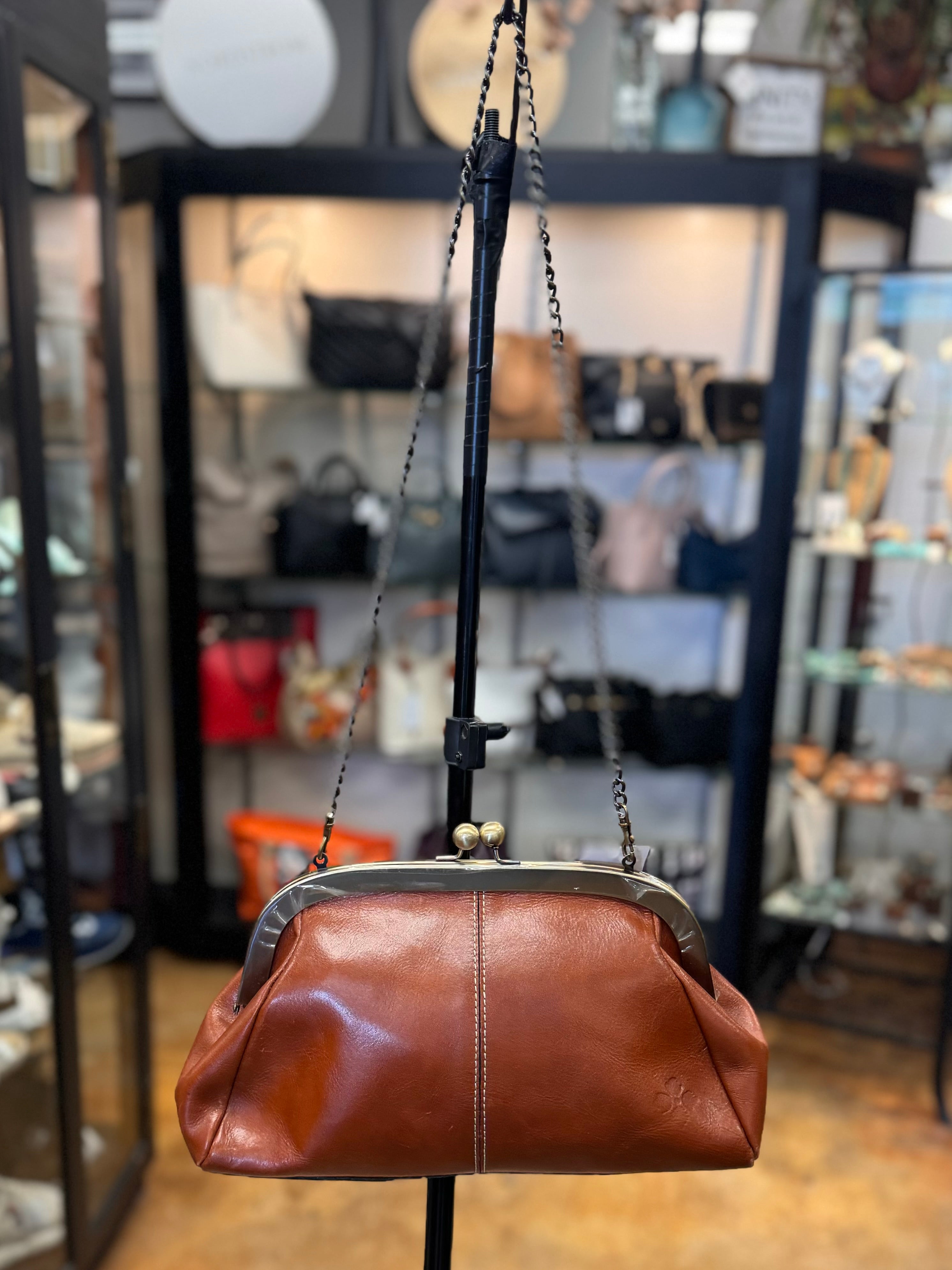 Patricia Nash Brown Leather Kiss Lock Crossbody Bag