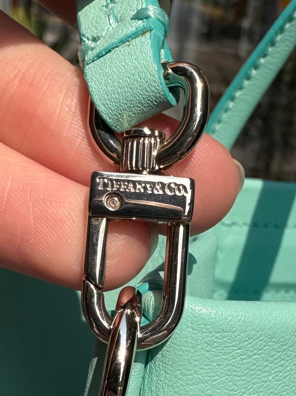 TIFFANY & CO. Turquoise Mini Leather Shopping Hand Bag