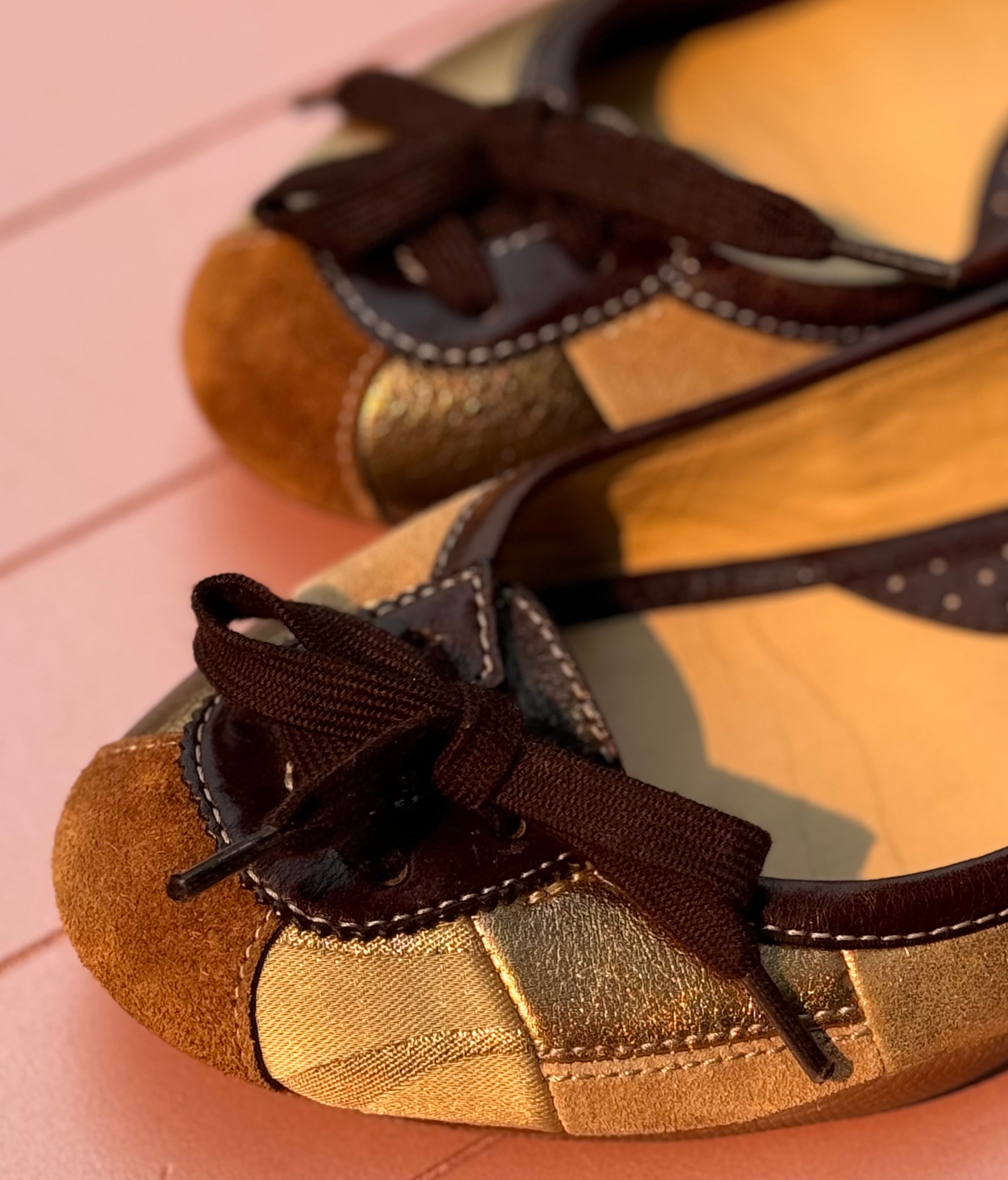 COACH Brown Y2K Vintage Suede Leather Jasmine Patchwork Flats Sz. 7.5