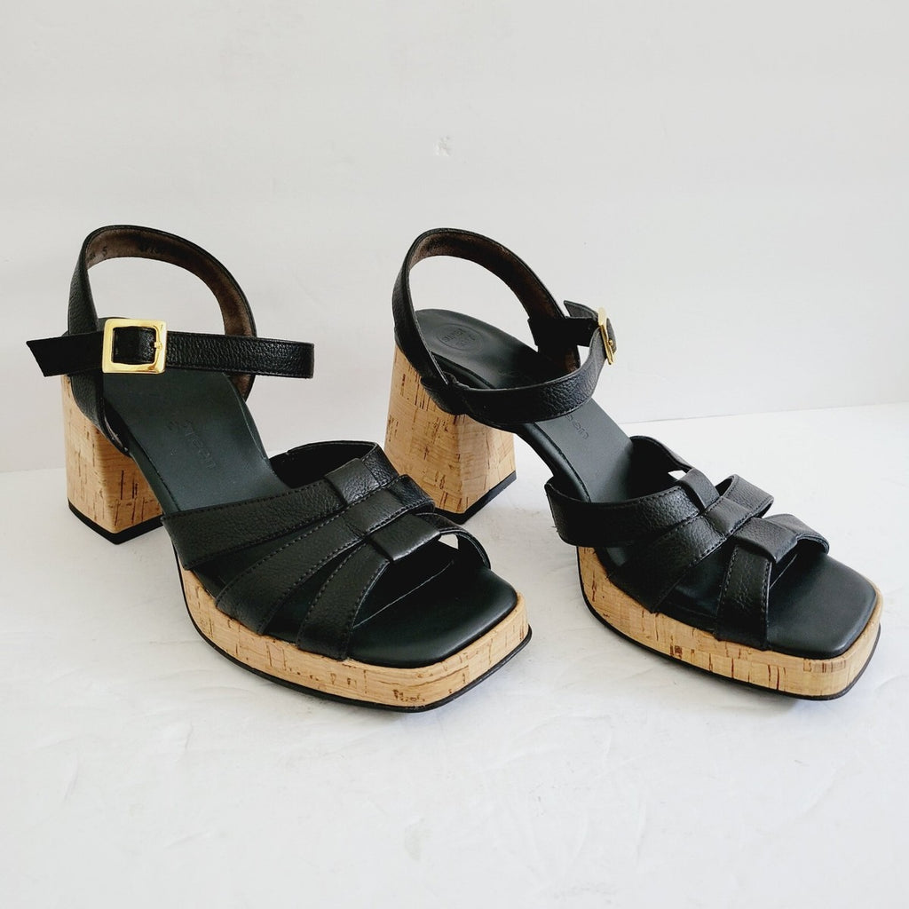 Paul Green Tina Fisherman Black Leather Slingback Sandal Heels Sz. 10