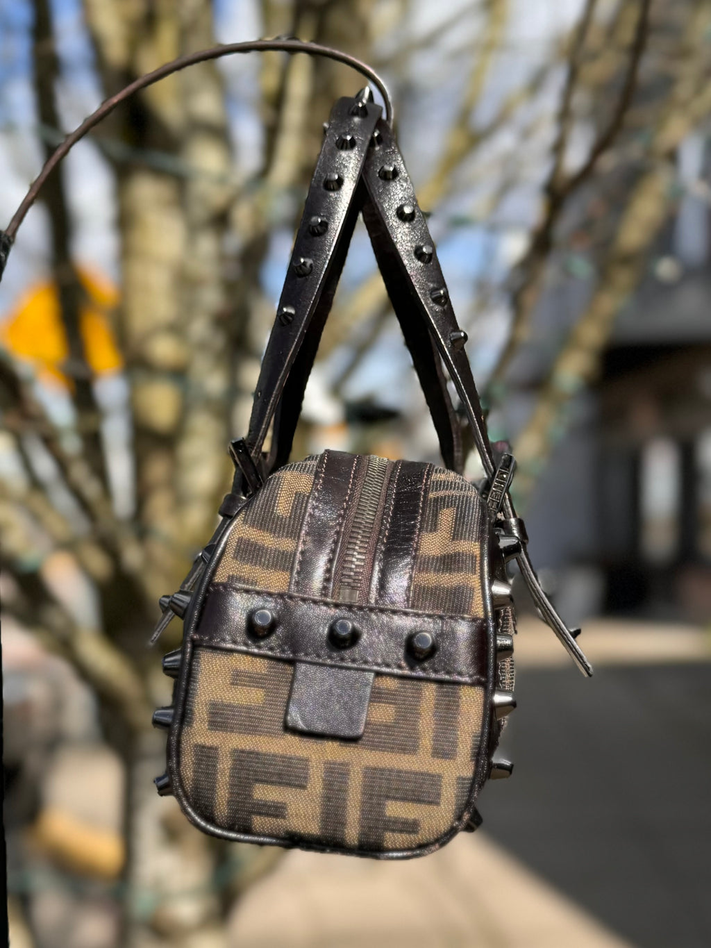 SOLD! Vintage Y2K FENDI Zucca Studded Leather & Canvas Bag
